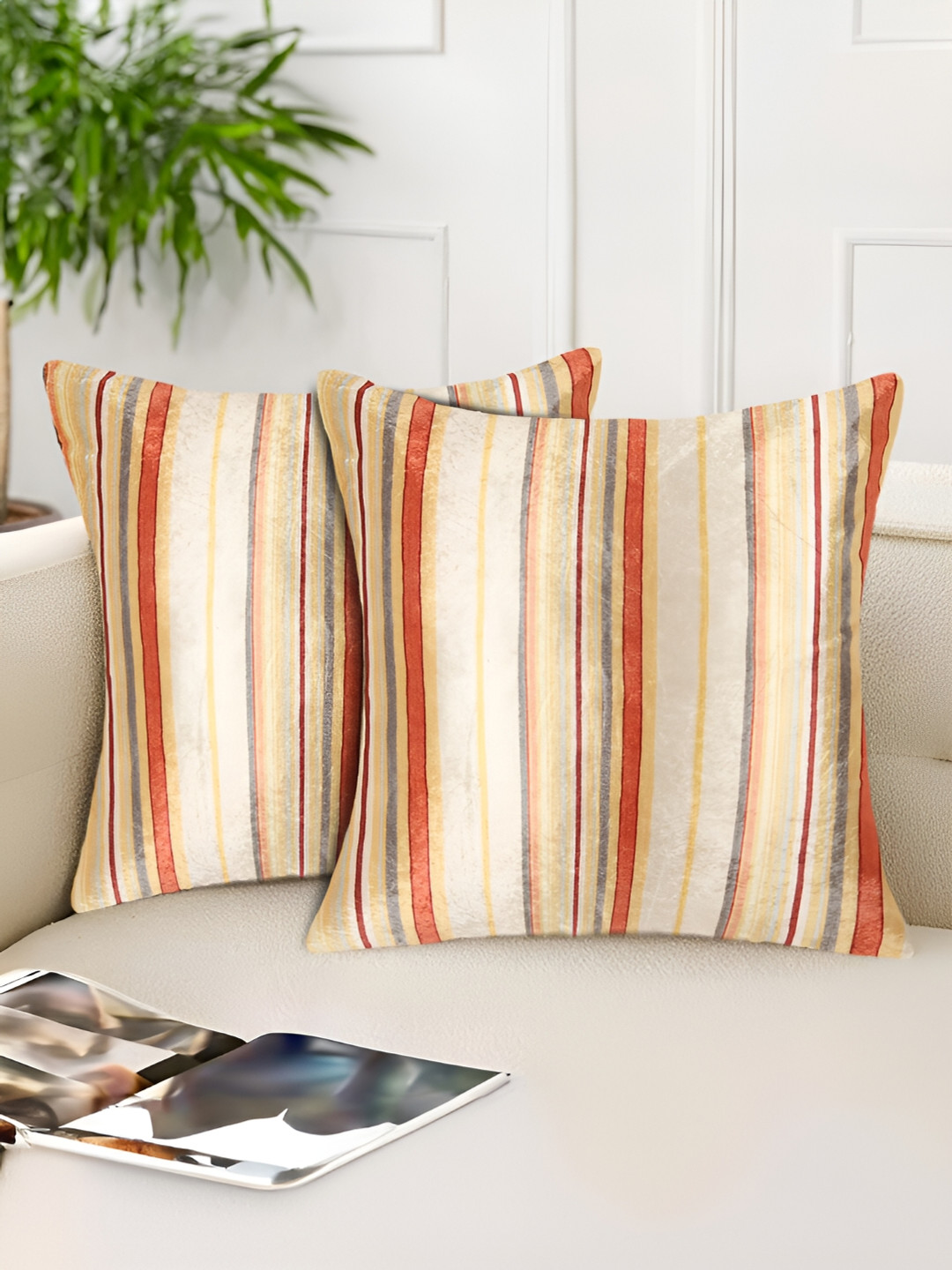 Tesmare Cream-Coloured & Off White 2 Pieces Striped Velvet Square Cushion Covers