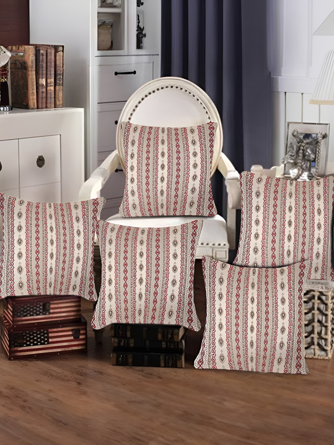 Tesmare Maroon Ethnic Motifs Jacquard Washable 5 Pcs Square Cushion Covers - 16 x 16 In