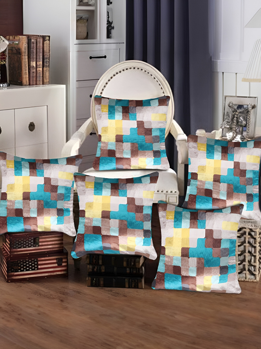 Tesmare 5 Pcs Brown & Teal Green Checked Velvet Square Cushion Covers