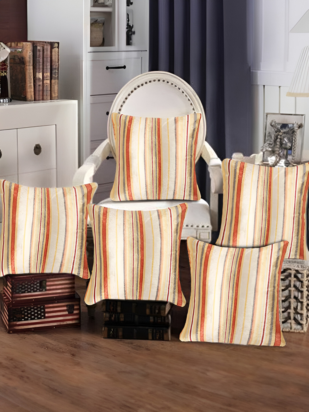 Tesmare Cream Striped Velvet Durable 5 Piece Square Cushion Covers -16x16In