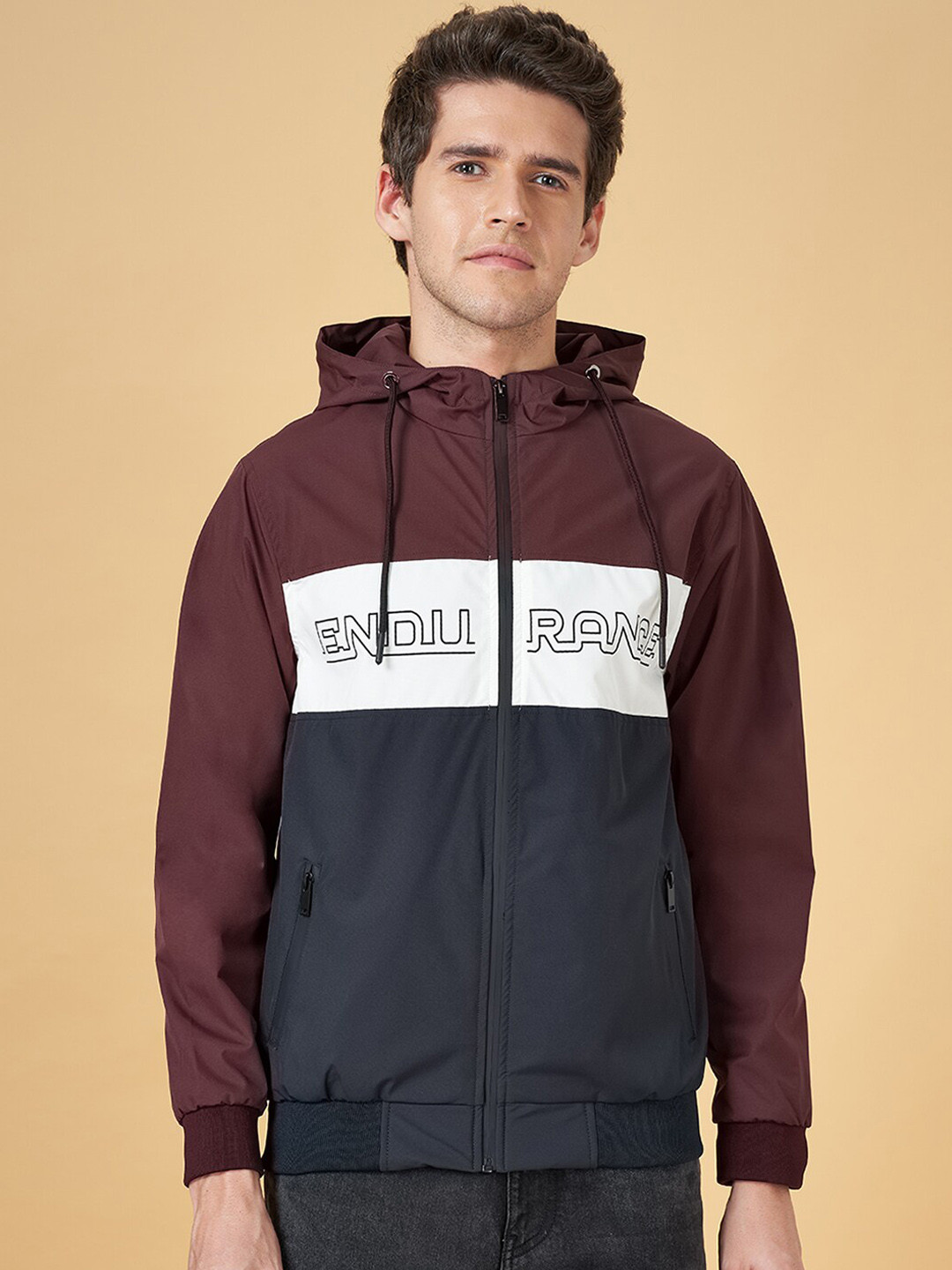 People Burgundy Colourblocked Long Sleeves Hooded Bomber Jacket