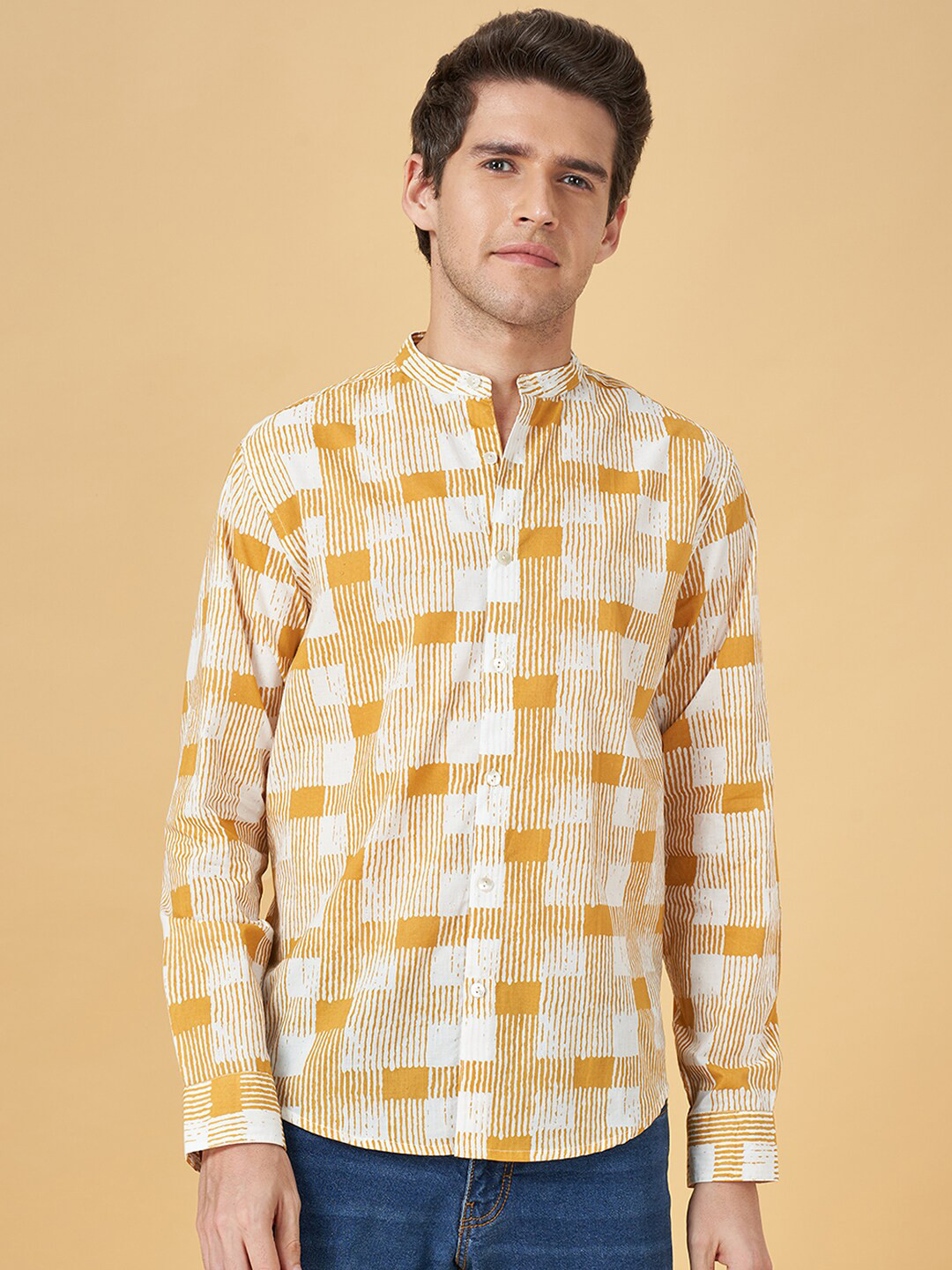 indus route by Pantaloons Geometric Printed Mandarin Collar Cotton Straight Kurta