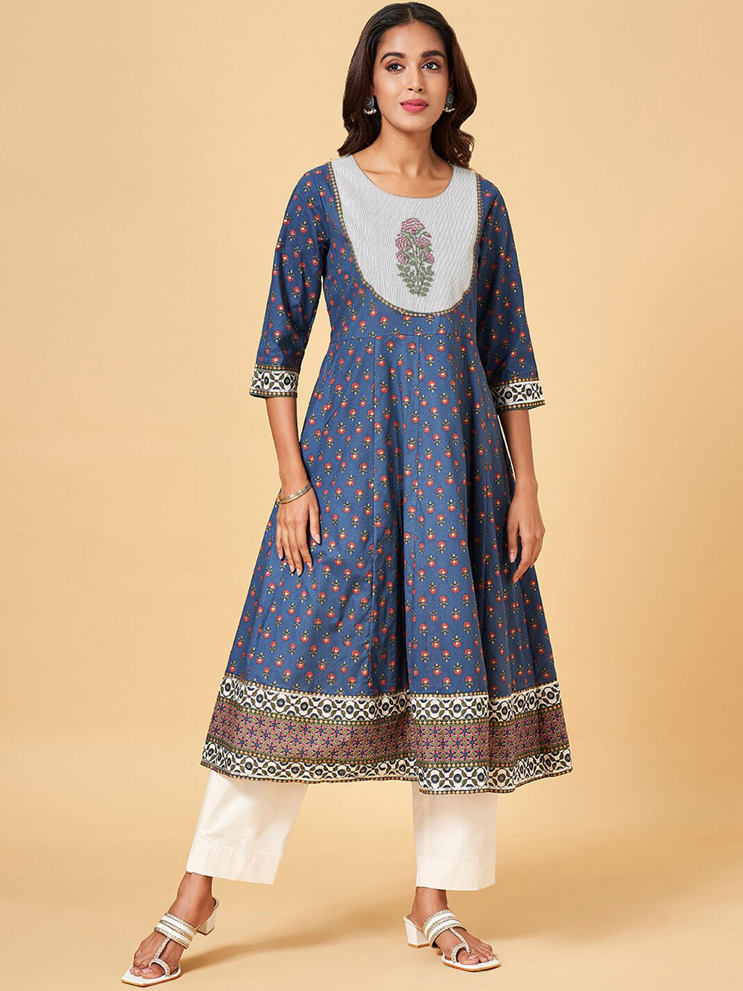 RANGMANCH BY PANTALOONS Ethnic Motifs Printed Anarkali Indigo Cotton Kurta