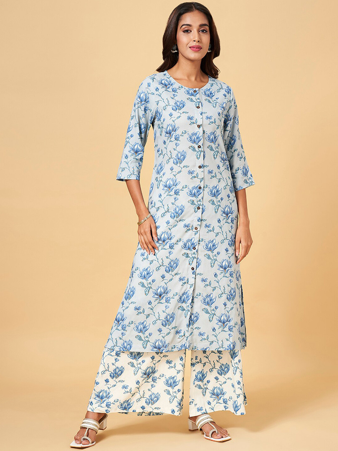 RANGMANCH BY PANTALOONS Floral Printed Round Neck Aqua Straight Kurta