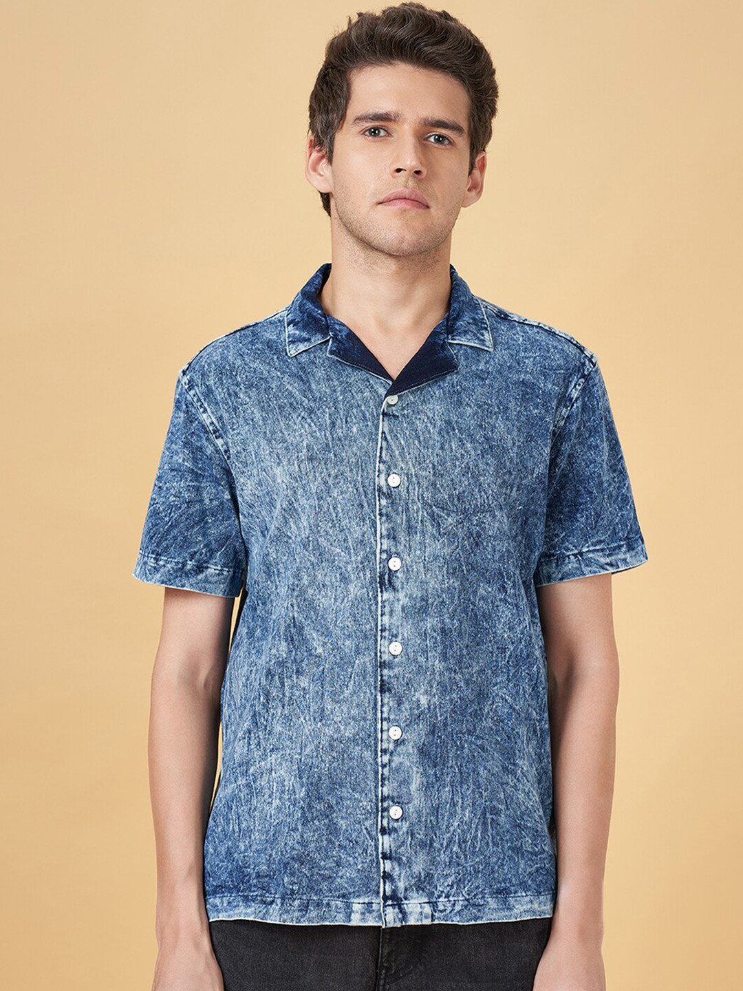 People Blue Faded Cuban Collar Cotton Slim Fit Casual Shirt