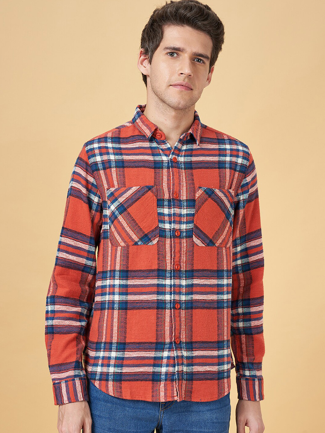 People Red Tartan Checked Slim Fit Pure Cotton Casual Shirt