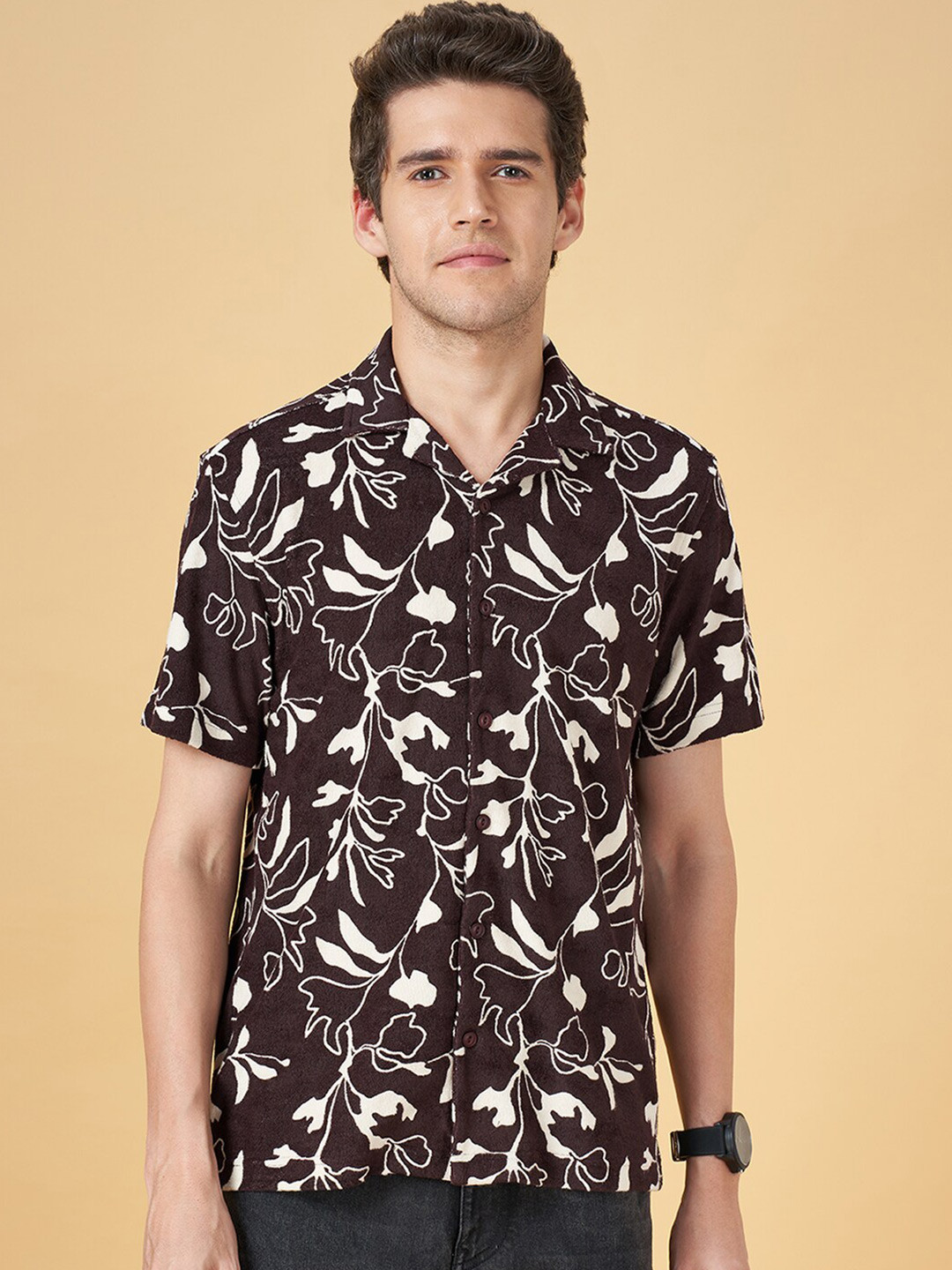 People Brown Floral Printed Casual Shirt