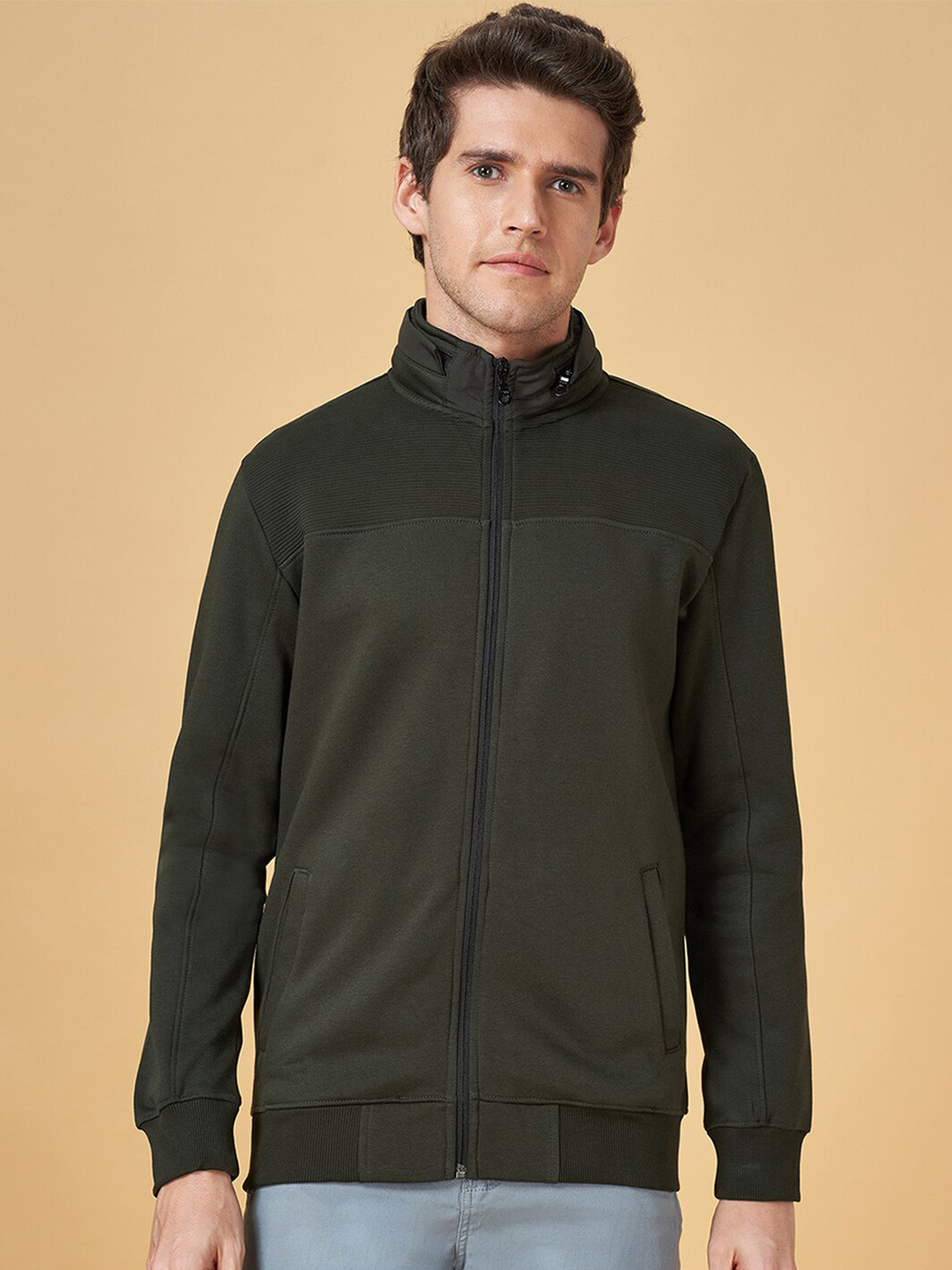 Urban Ranger by pantaloons Mock Neck Front-Open Sweatshirt With Zip Detail