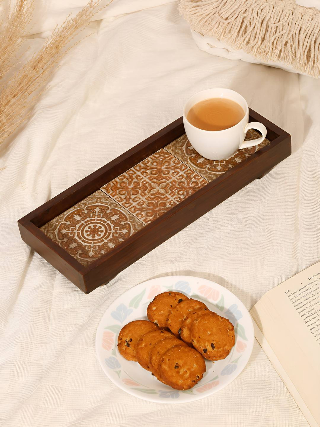 Shilpkara Brown Ethnic Motif Rectangle Wooden Ceramic Tile Tray