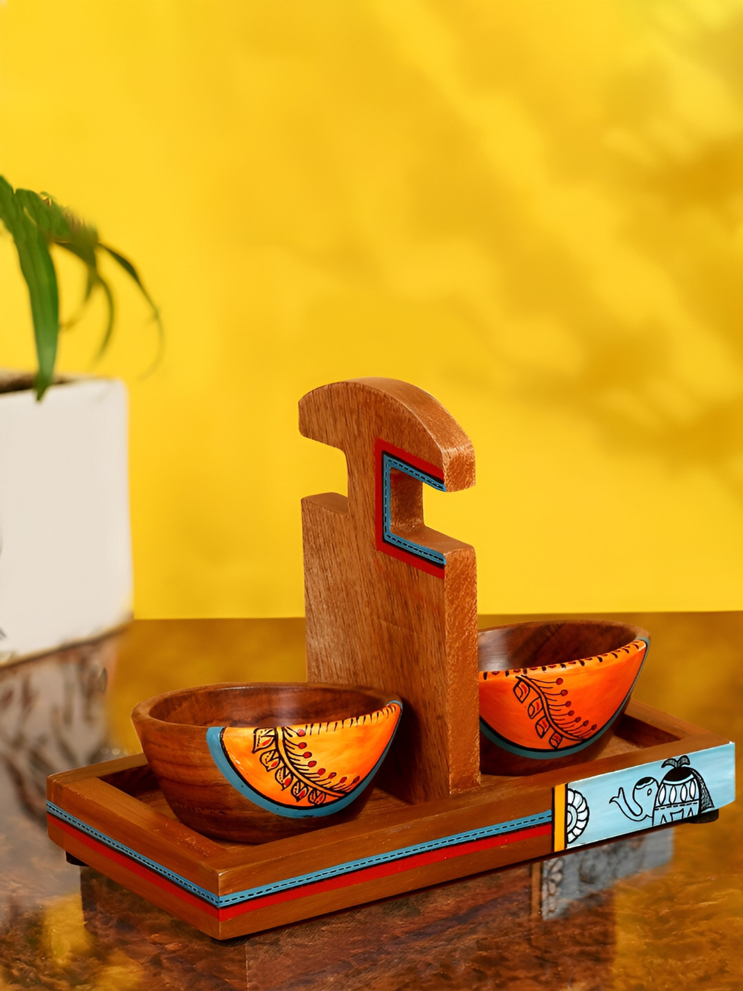 Shilpkara Brown 3 Pieces Handcrafted and Hand Painted Wooden Bowls with Tray