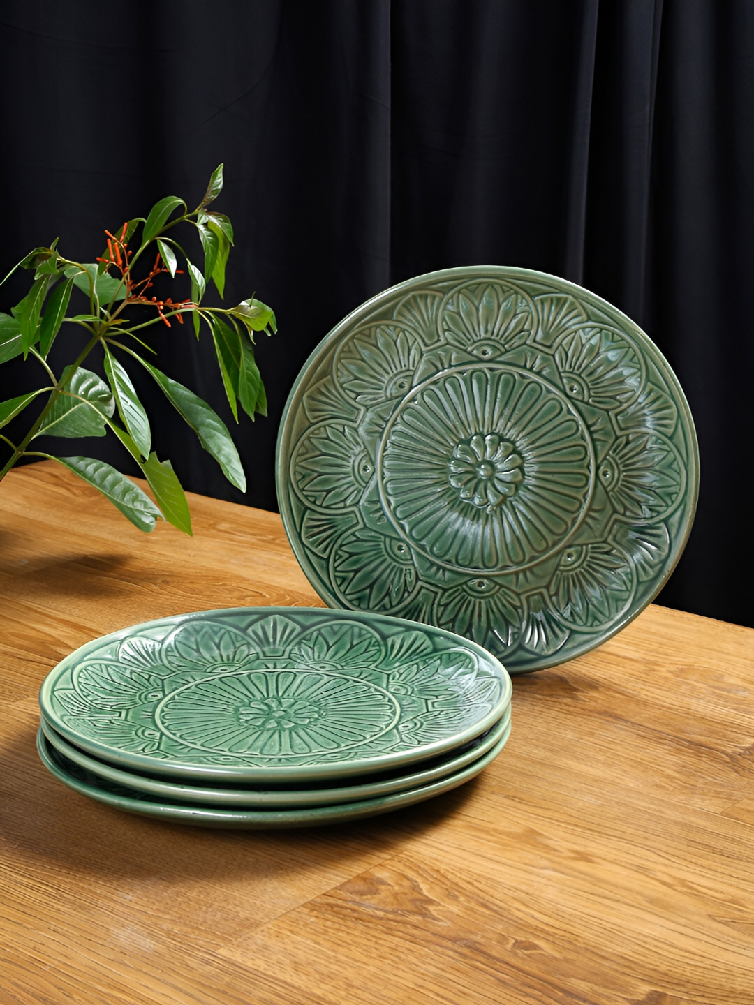 Shilpkara Green 4 Pieces Handcrafted and Hand Painted Ceramic Plates