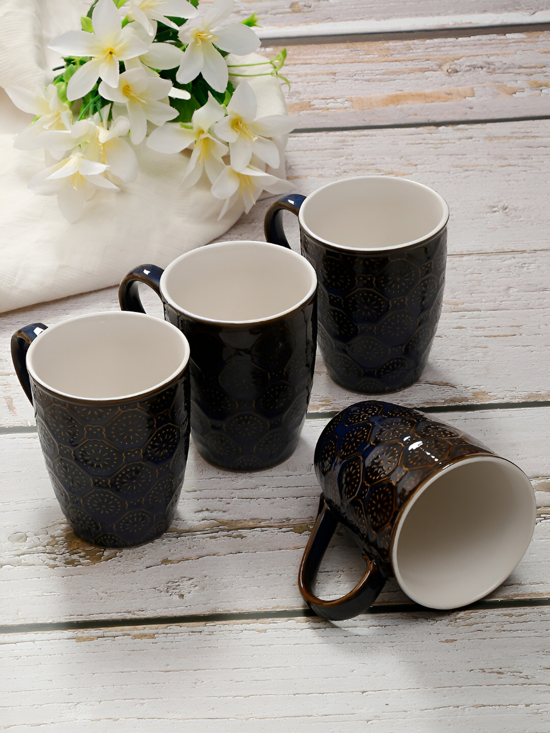 Shilpkara Blue & Gold-Toned 4 Pieces Handcrafted Printed Ceramic Cups and Mugs