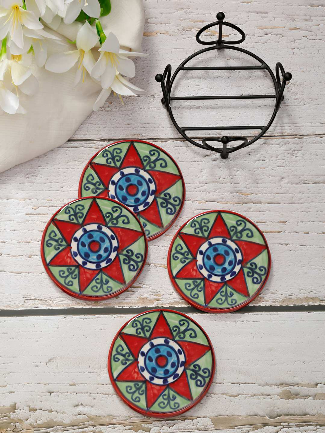 Shilpkara celestial Stars 4 Pieces Red & Green Hand Painted Circular Ceramic Coasters