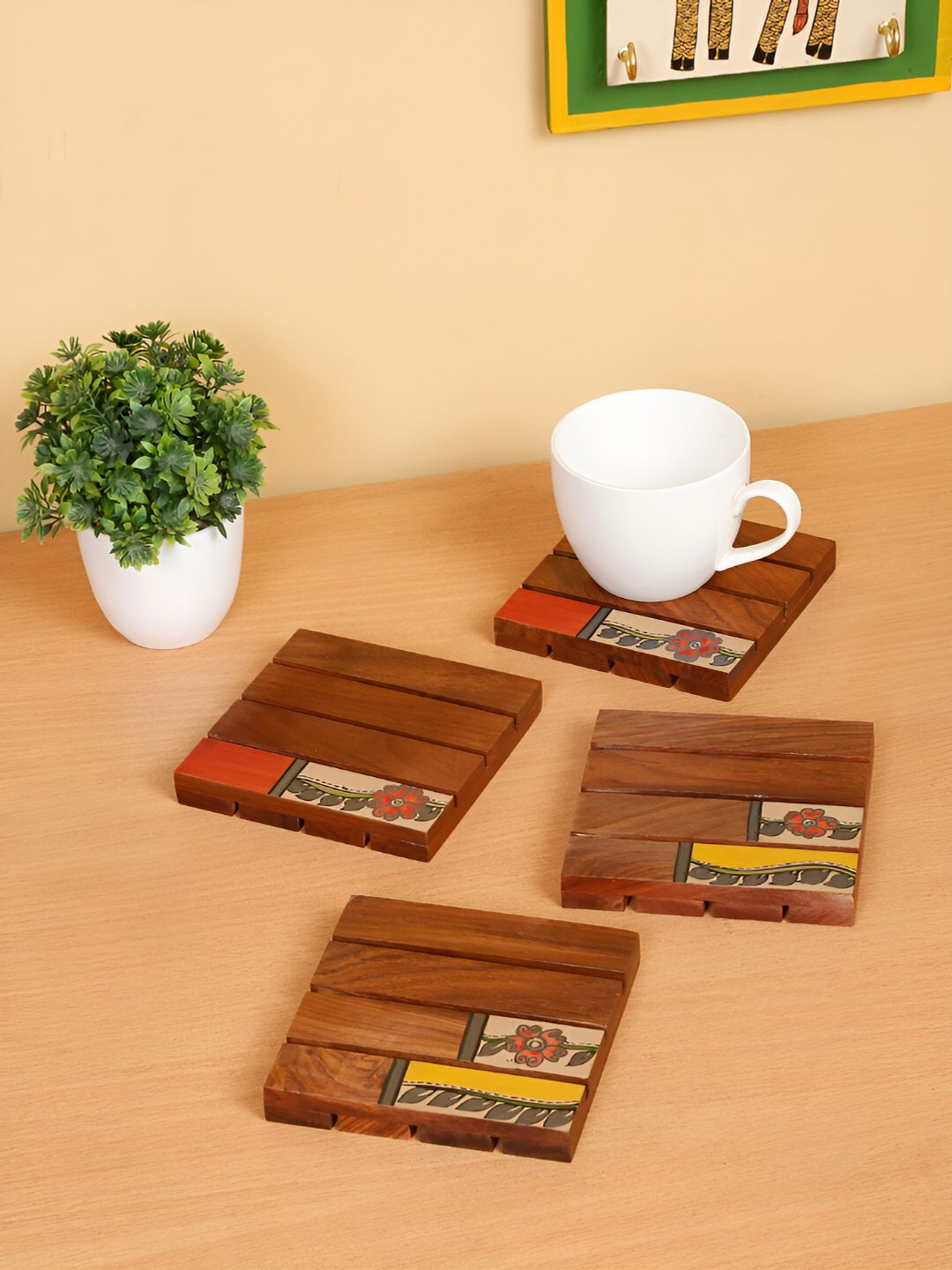 Shilpkara Brown 4 Pieces Tribal Leaf Shade Square Wooden Coasters