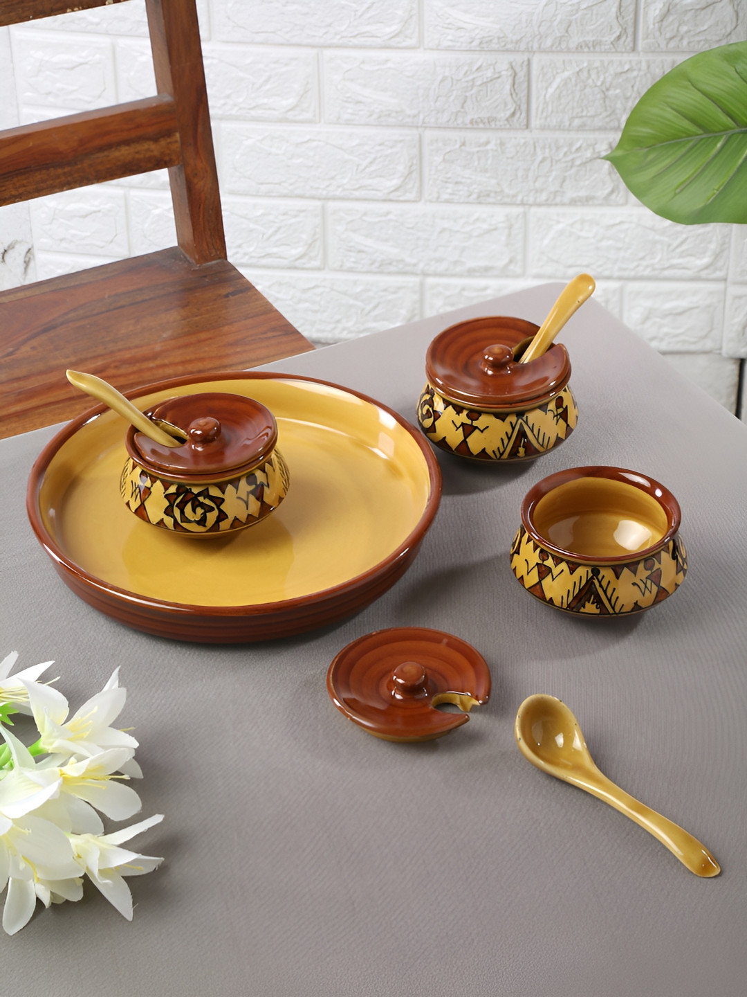 Shilpkara The Madhubani Tales Brown & Yellow 3 Pcs Ceramic Jars 150ml Each