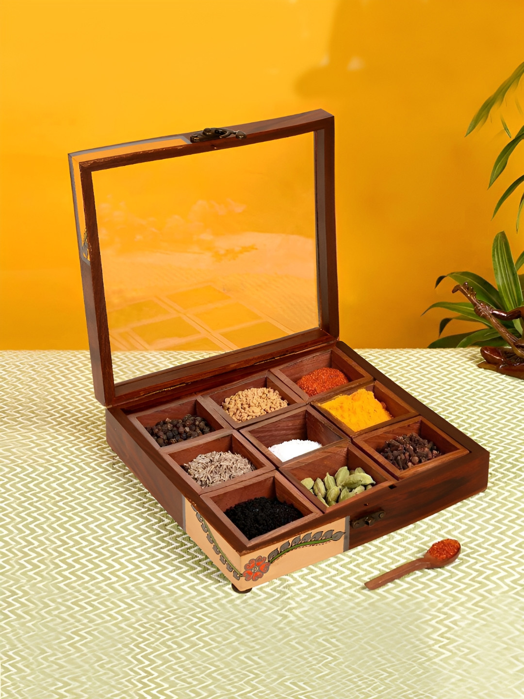 SHILPKARA Brown Wood Hand-Painted Spice Box