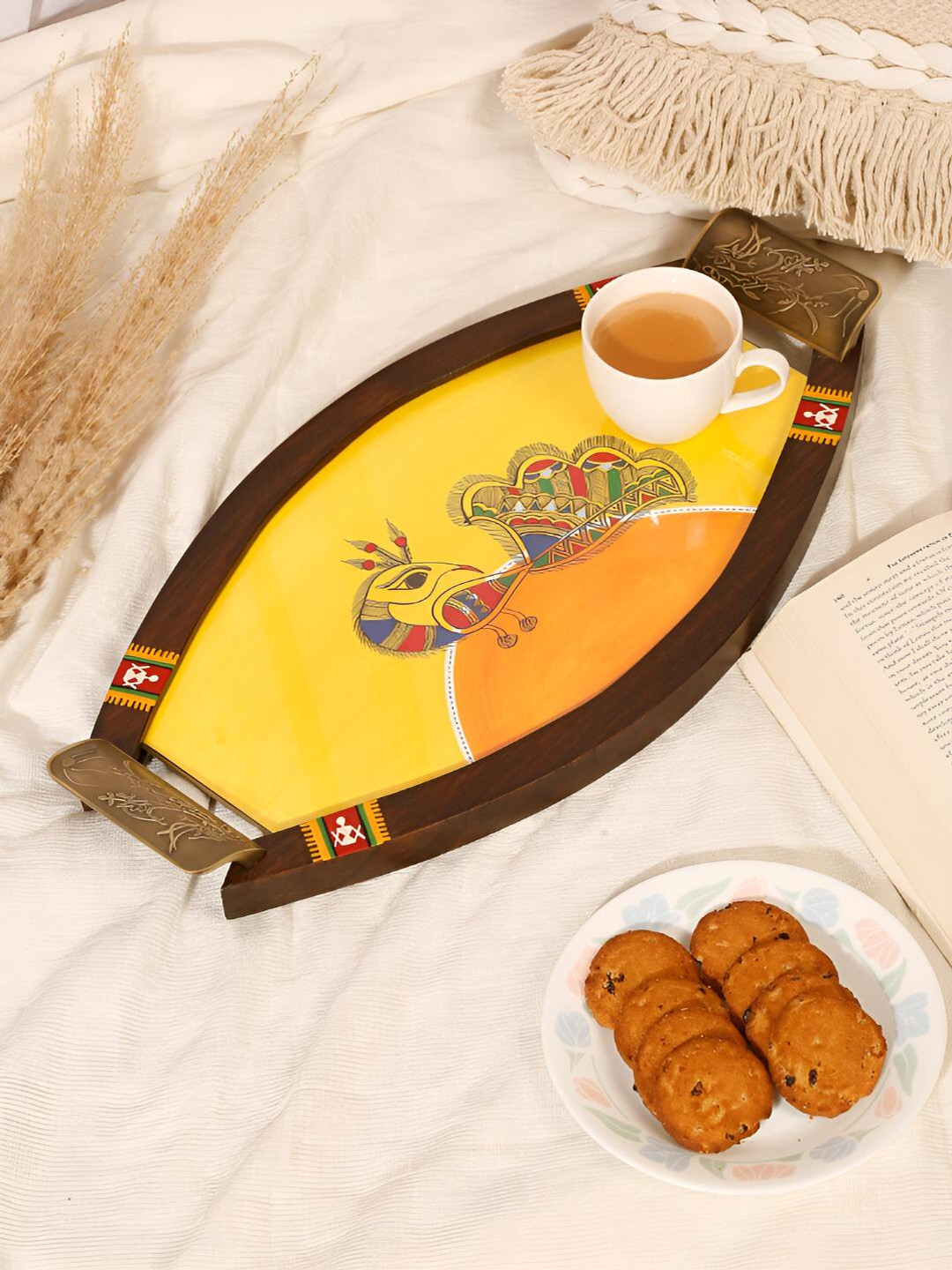 Shilpkara Yellow Wooden Tray With Metal Handles
