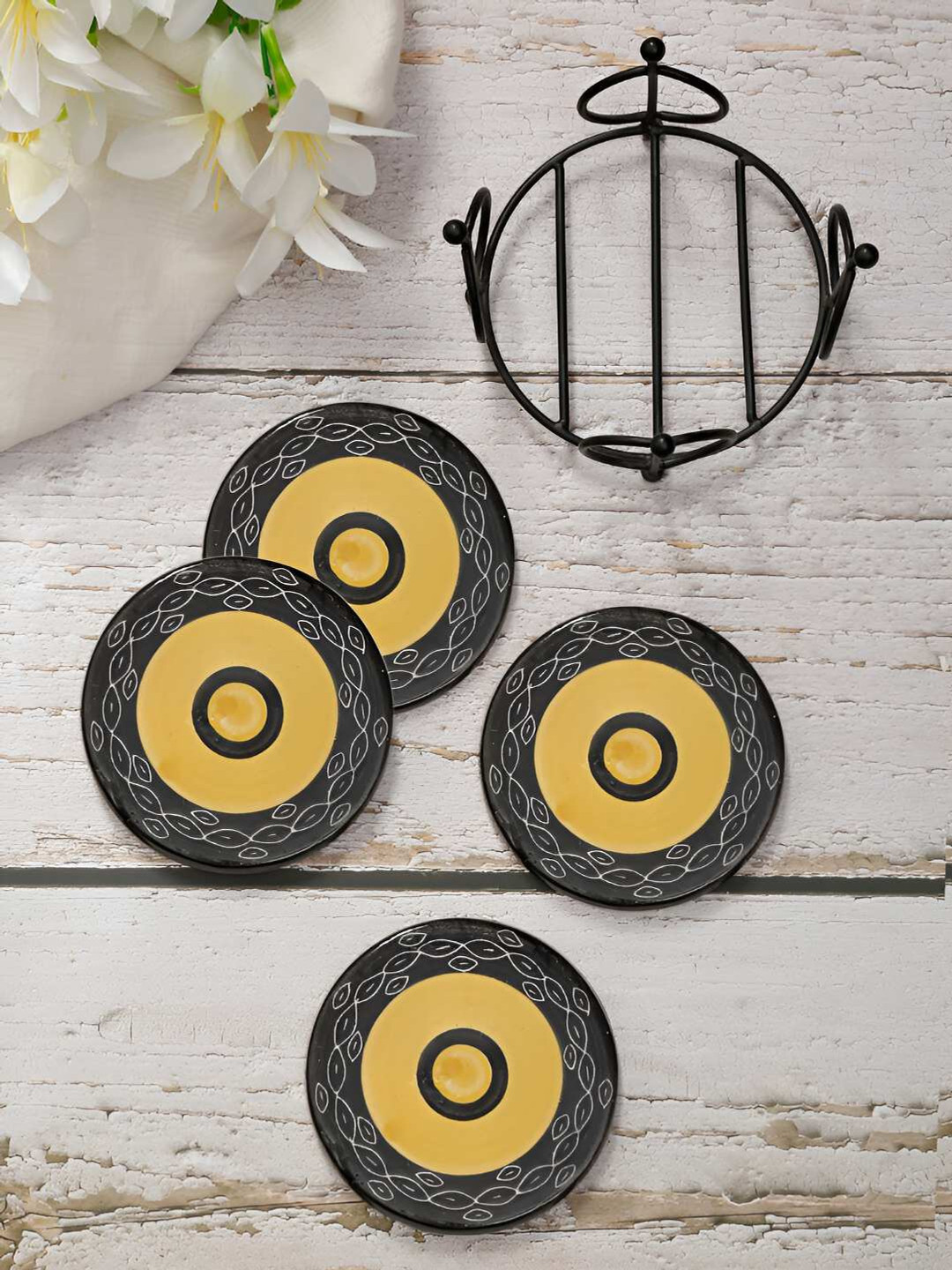 Shilpkara Black & Yellow 4 Pieces Ceramic Round Coaster With Stand