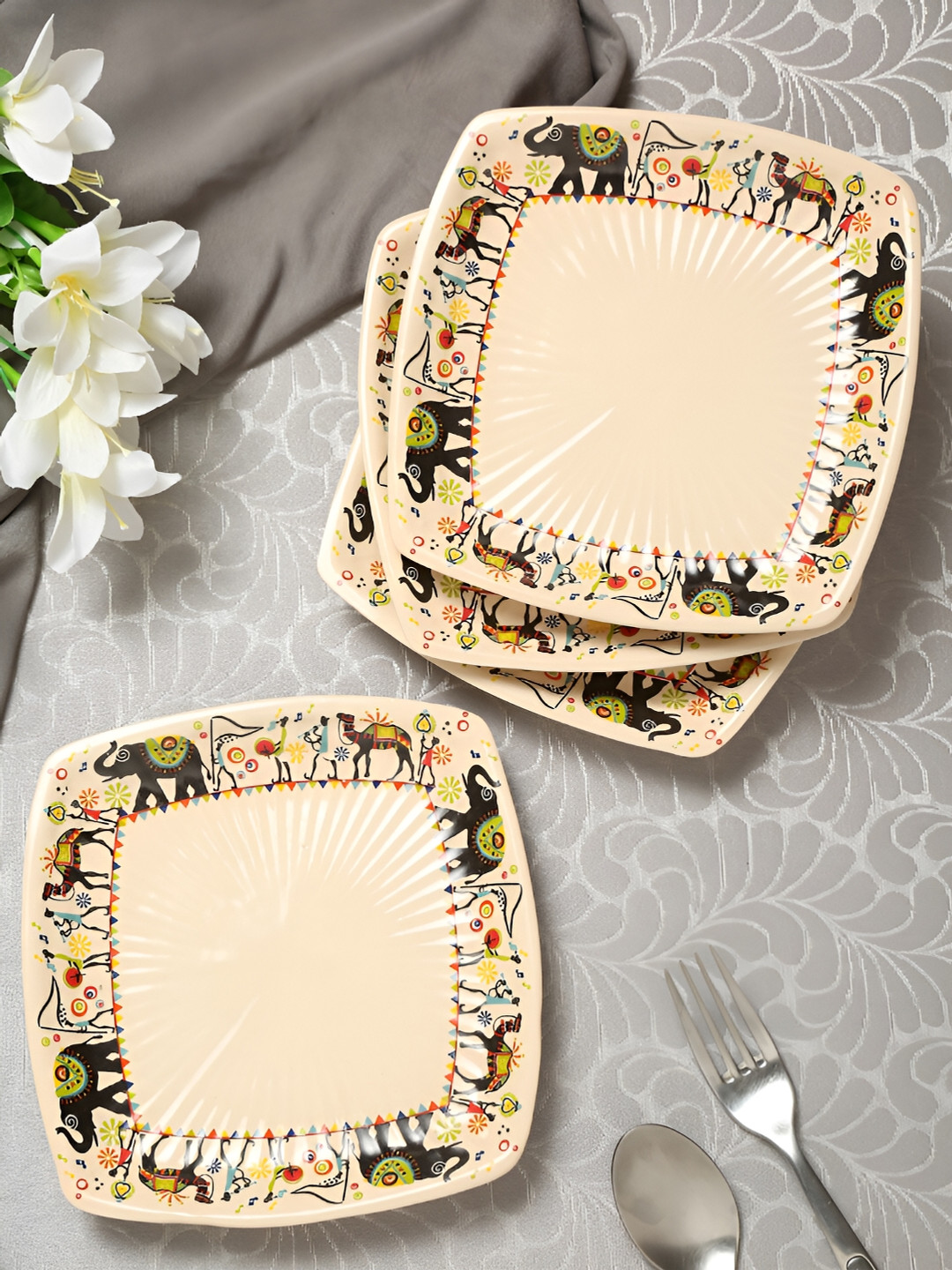 Shilpkara White & Beige 4 Pieces Handcrafted and Hand Painted Ceramic Plates