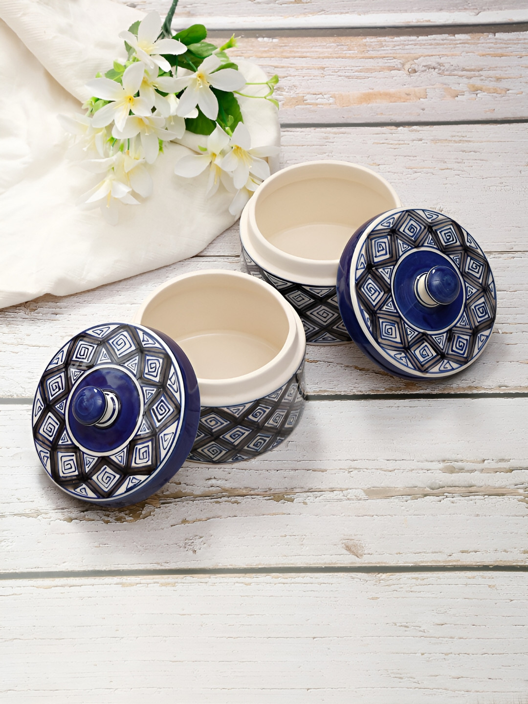 SHILPKARA Blue & Grey 2Pcs Ceramic Geometric Dishwasher Safe  Food Containers