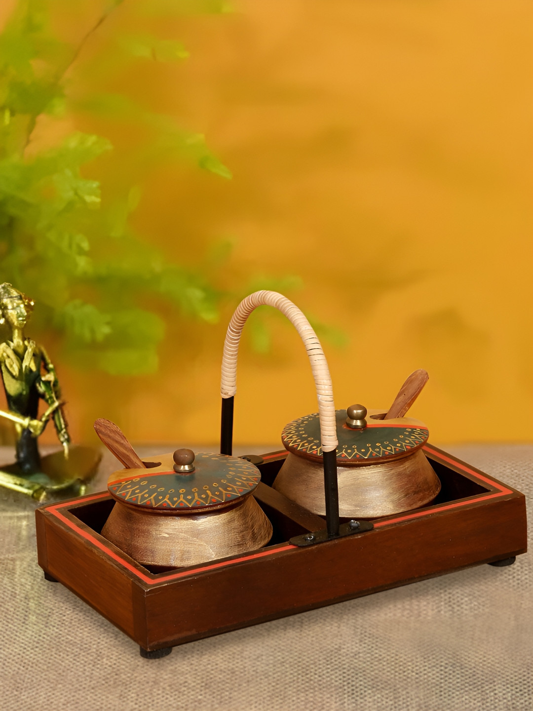 Shilpkara Wood Metal Fusions Brown Wooden Spice Box with Tray & Spoon