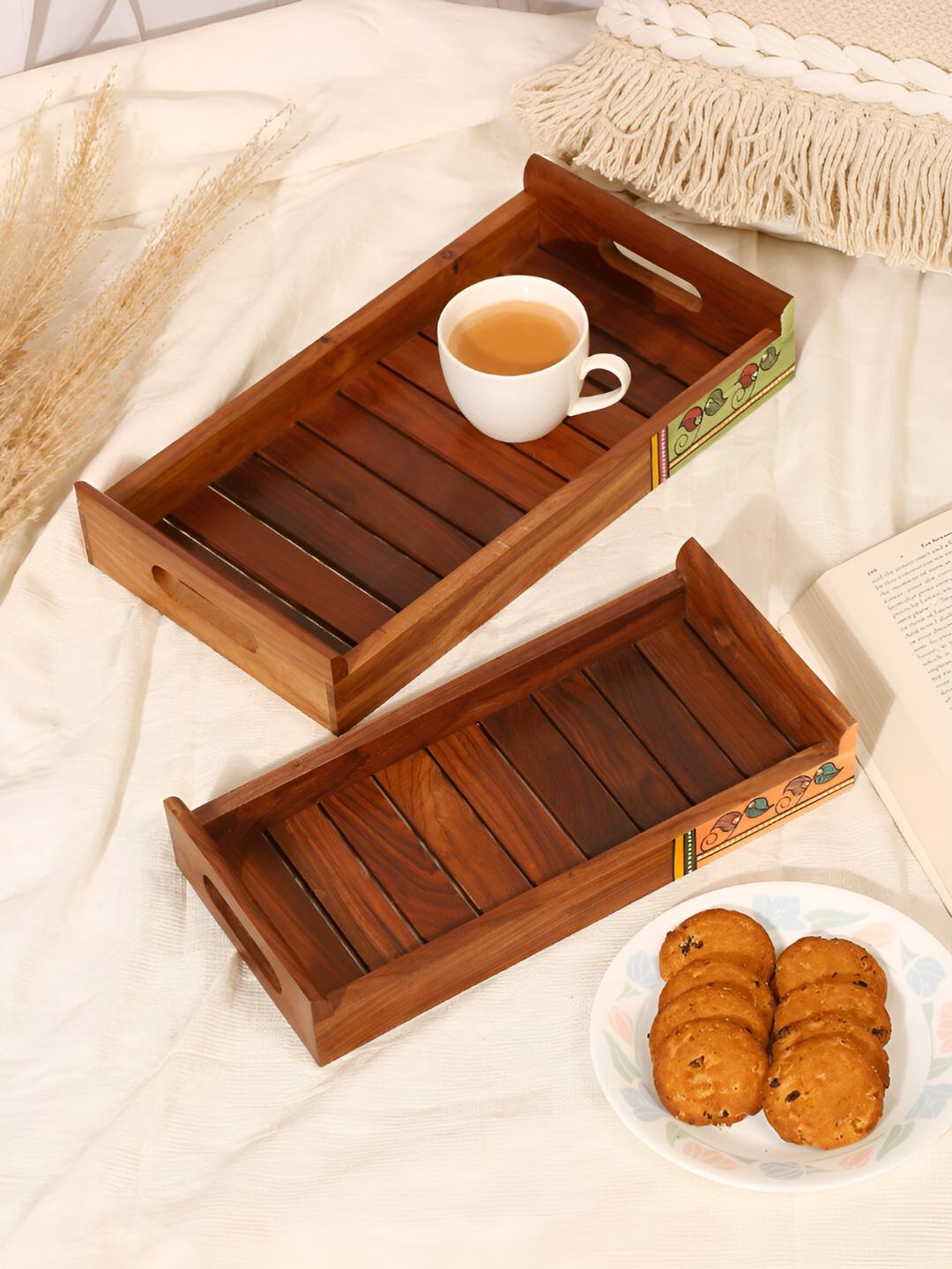 Shilpkara Shades of a Leaf Brown 2 Pieces Wooden Nested Trays