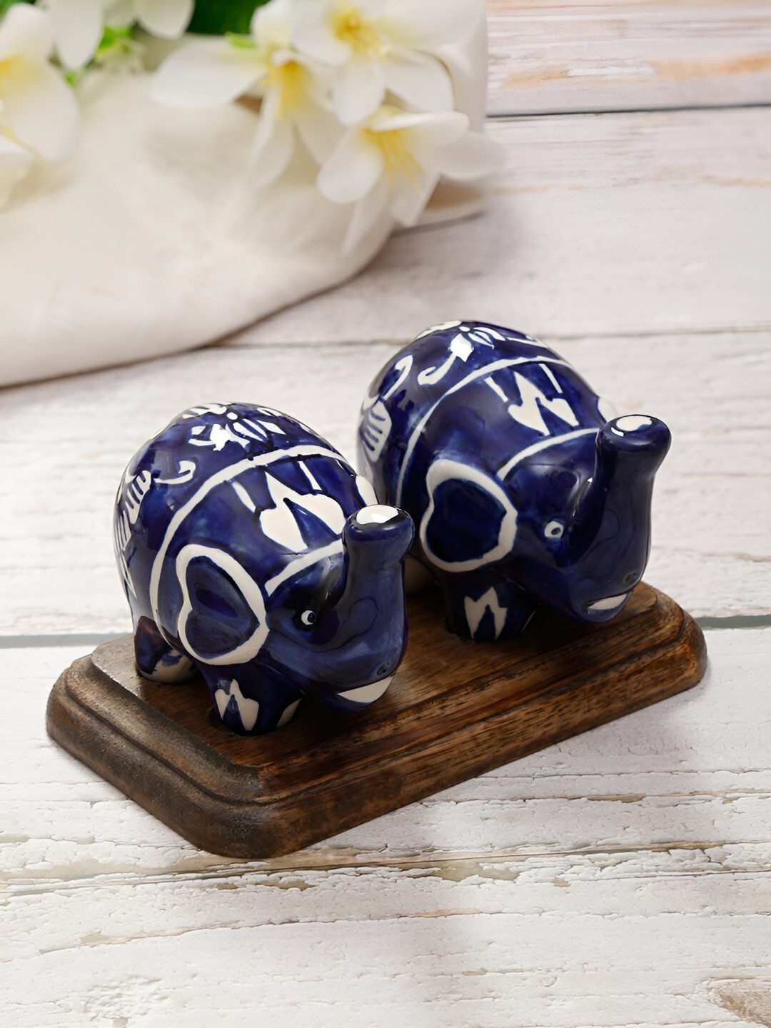 Shilpkara Blue Elephant Shaped Ceramic Salt Pepper Set