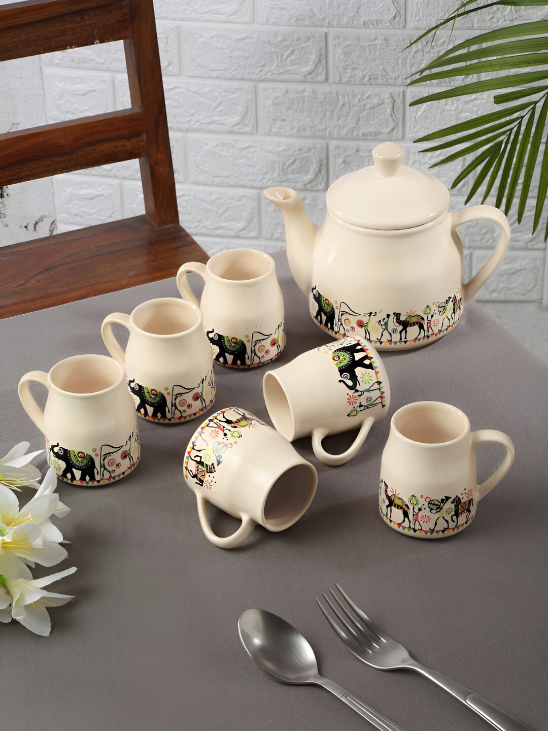 Shilpkara Beige & Black 7Pieces Dishwasher & Microwave Safe Ceramic  Kettle Set 520ml Each