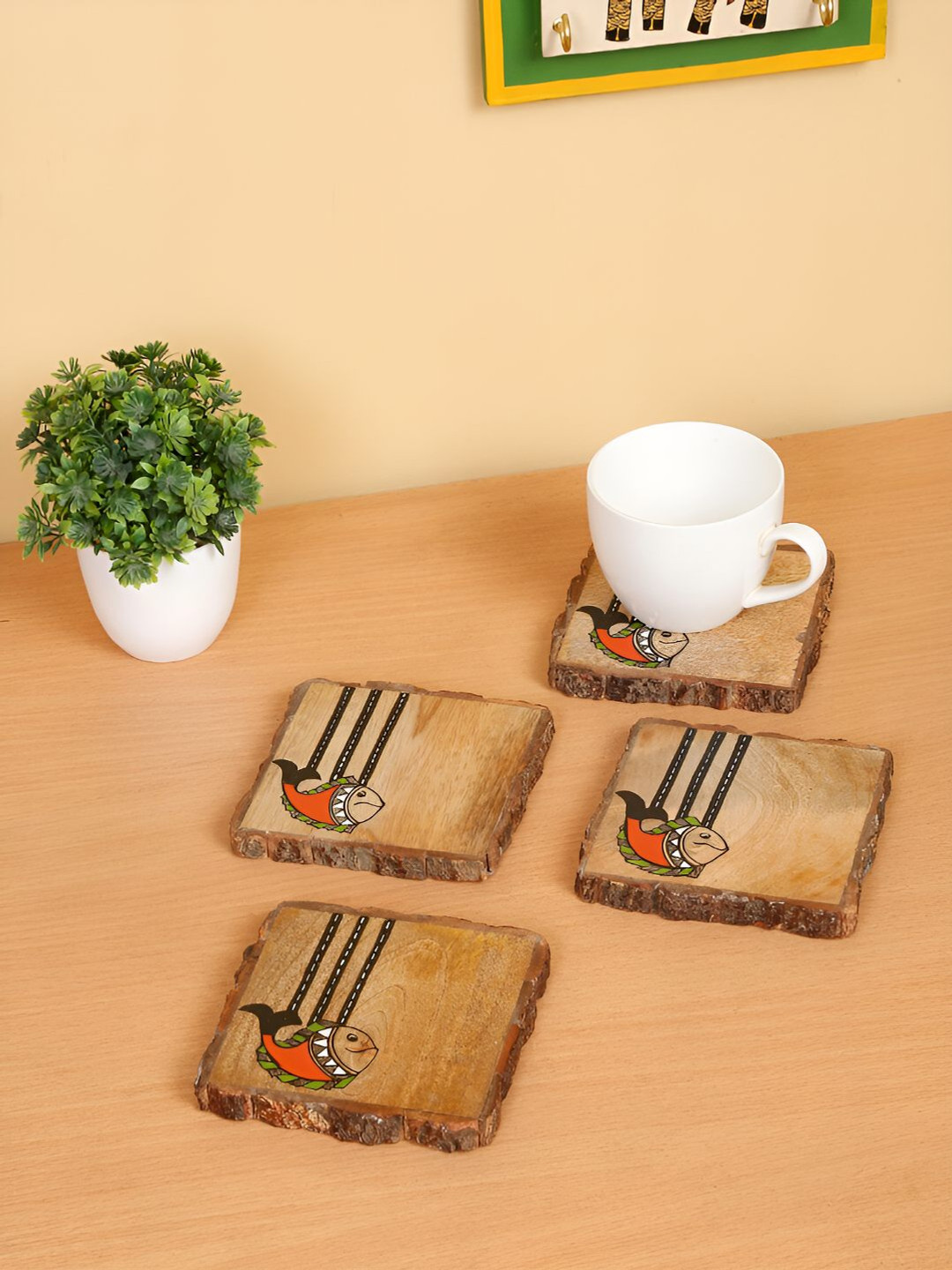 Shilpkara Brown 4 Pieces Madhubani Fish Square Wooden Coasters