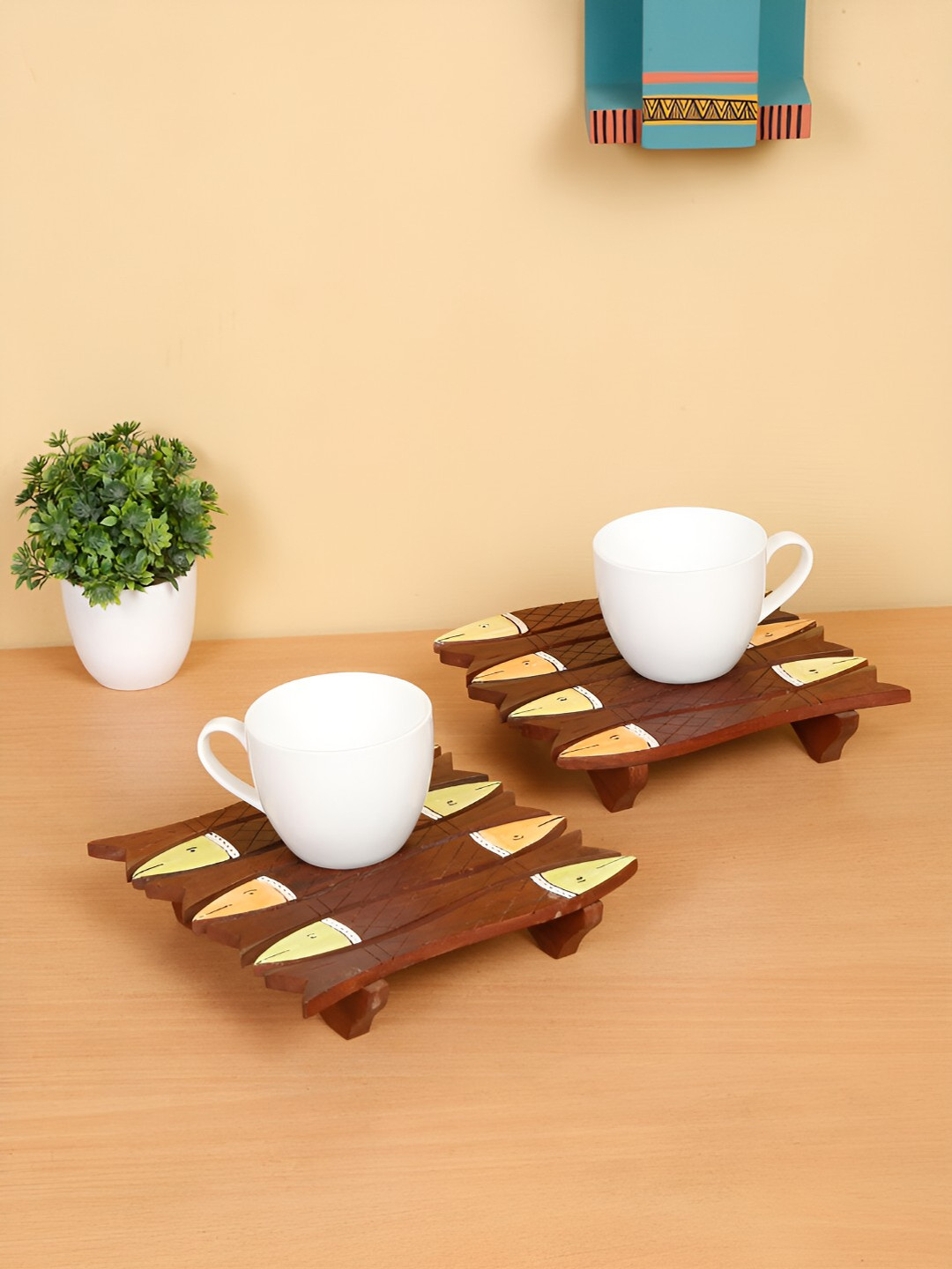 Shilpkara Brown 2 Pieces Tribal Fish Square Wooden Coasters
