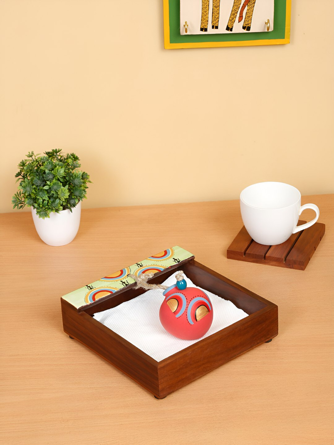 Shilpkara Brown Tribal Pot Printed Wooden Tissue Holder