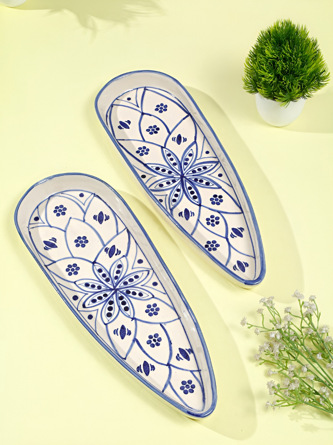 Shilpkara Blue & White 2 Pieces Ceramic Microwave Safe Food Platter Serveware