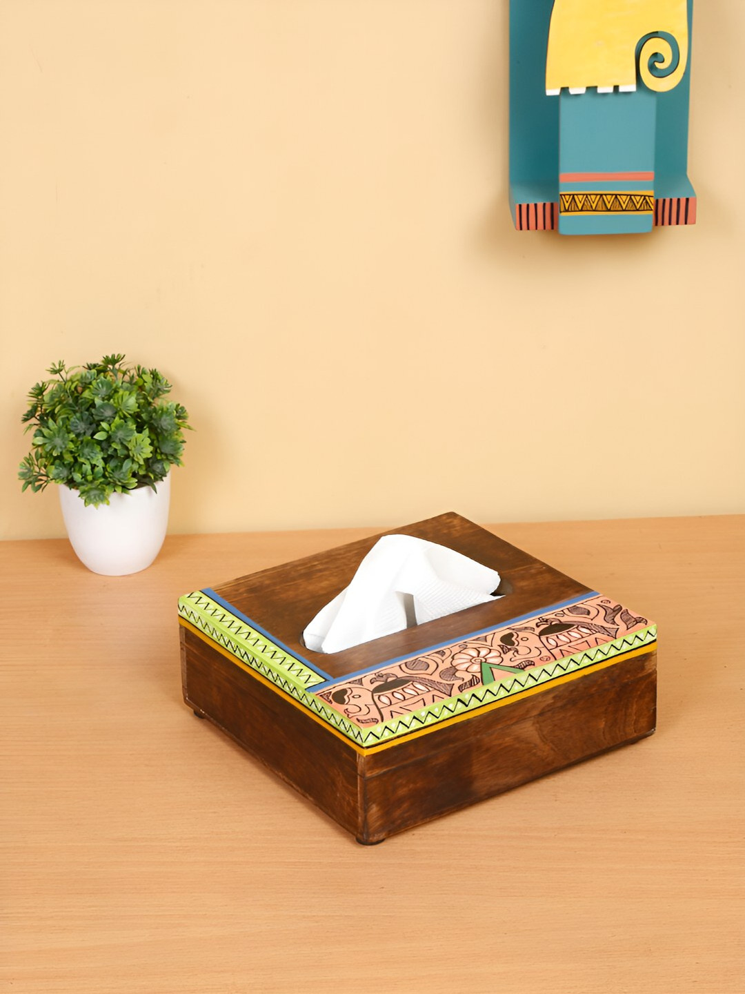 Shilpkara Brown & Lime Green Printed Wooden Tissue Holder
