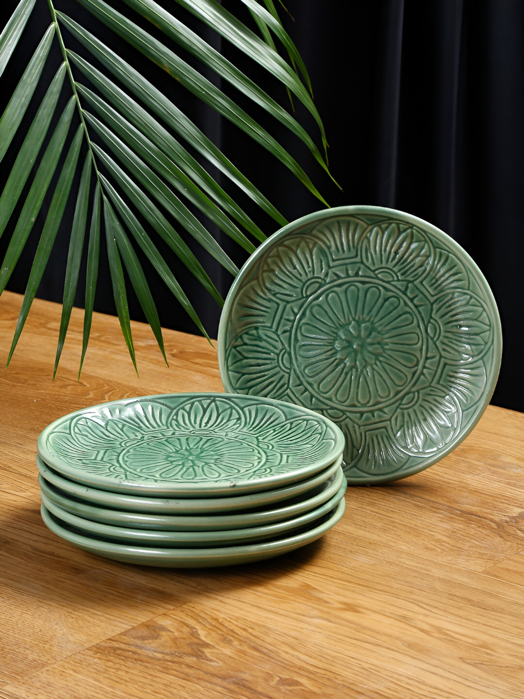 Shilpkara Green 6 Pieces Handcrafted and Hand Painted Textured Ceramic Glossy Plates