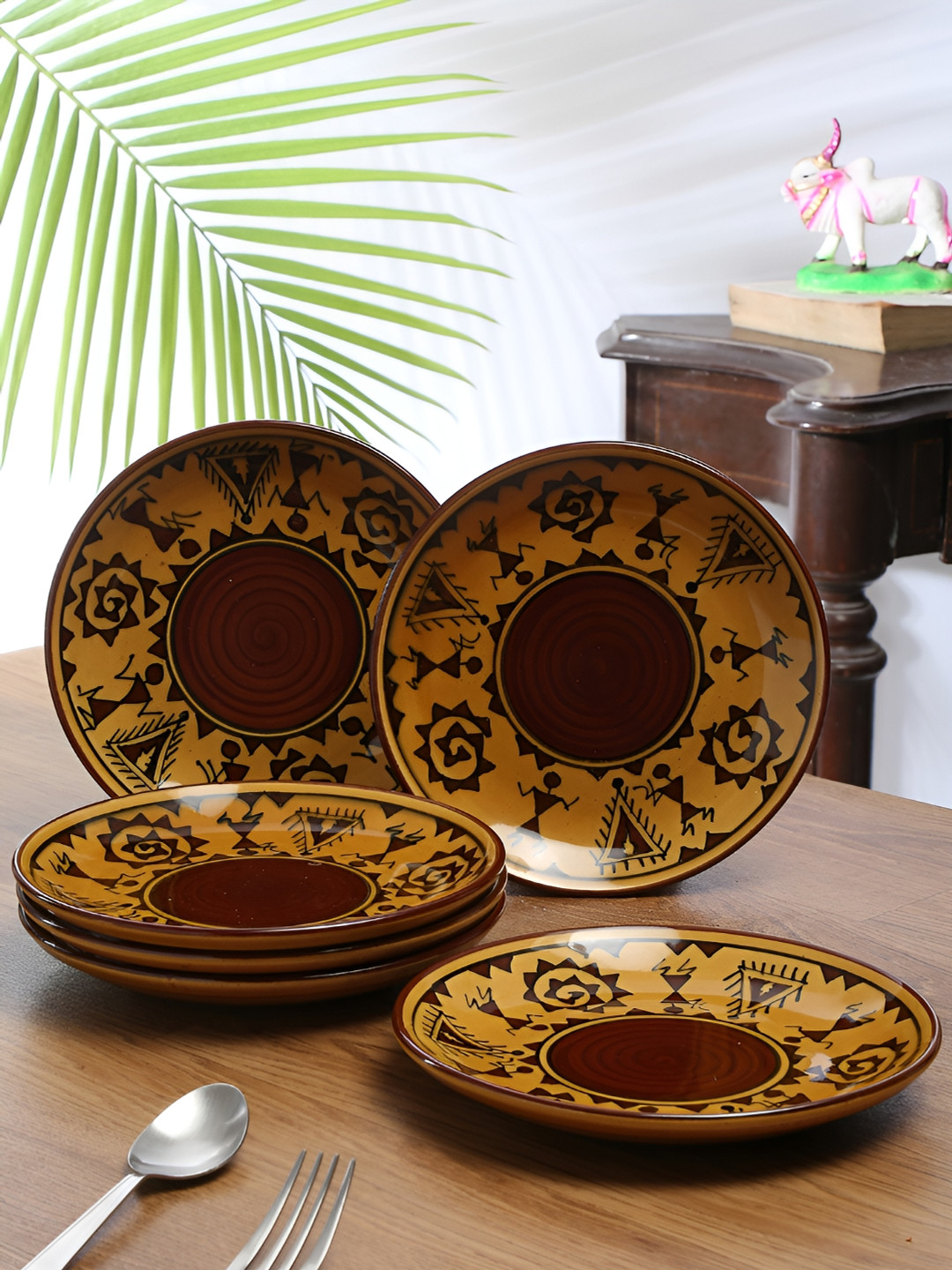 Shilpkara The Madhubani Tales Brown 6 Pieces Hand Painted Ceramic Quarter Plates