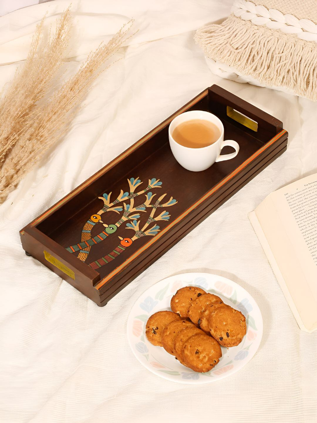 Shilpkara Brown Chirping Birds Handcrafted Wooden Tray