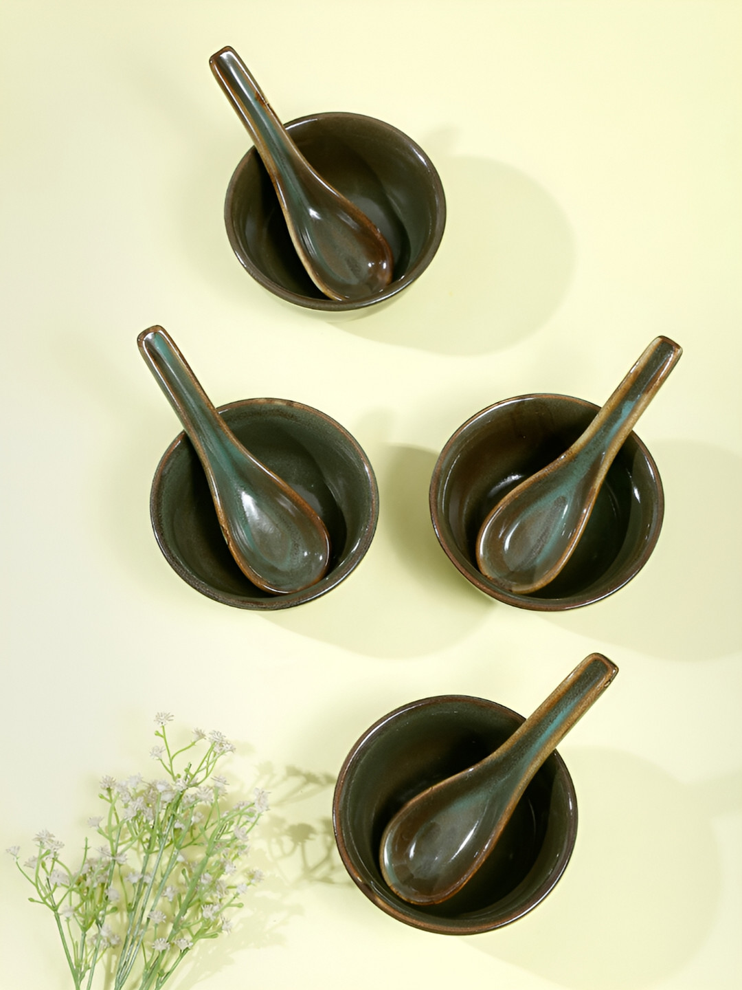 Shilpkara Green 8 Pieces Handcrafted and Hand Painted Ceramic Bowls with spoons