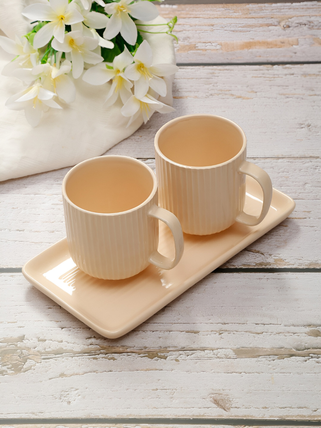 Shilpkara Beige 3 Pieces Dishwasher and Microwave Safe Ceramic Cups & Tray  320ml Each