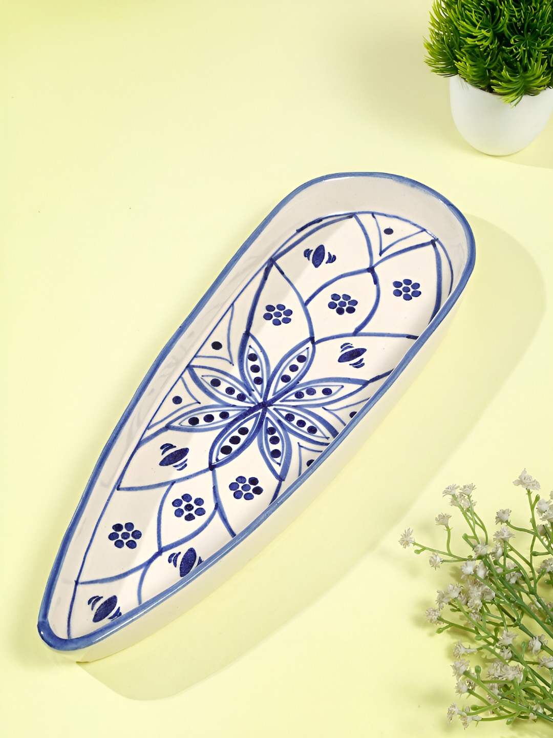 Shilpkara Blue & White 1 Pieces Ceramic Microwave Safe Food Platter Serveware
