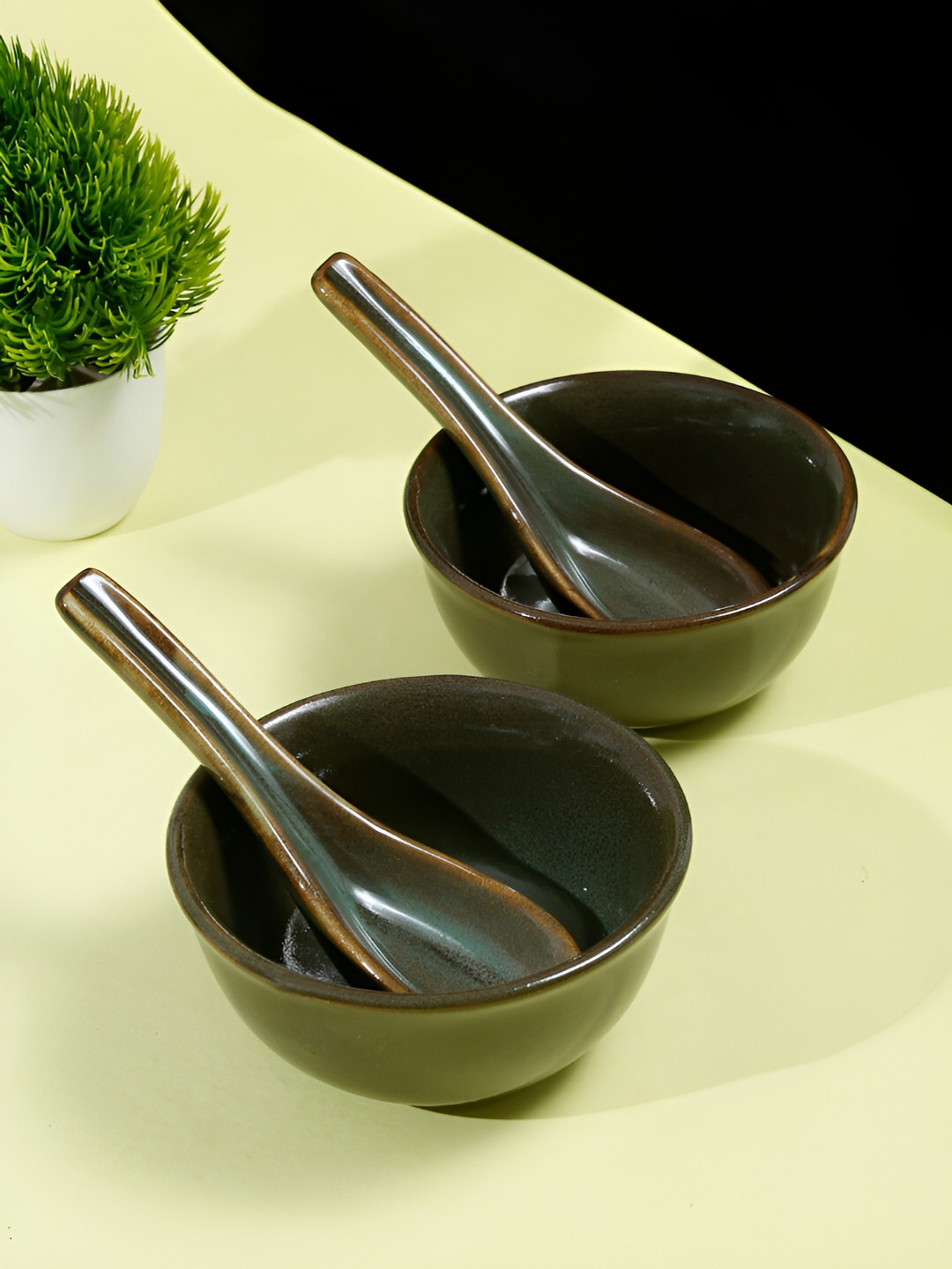 Shilpkara Green 4 Pieces Handcrafted and Hand Painted Ceramic Bowls With spoons