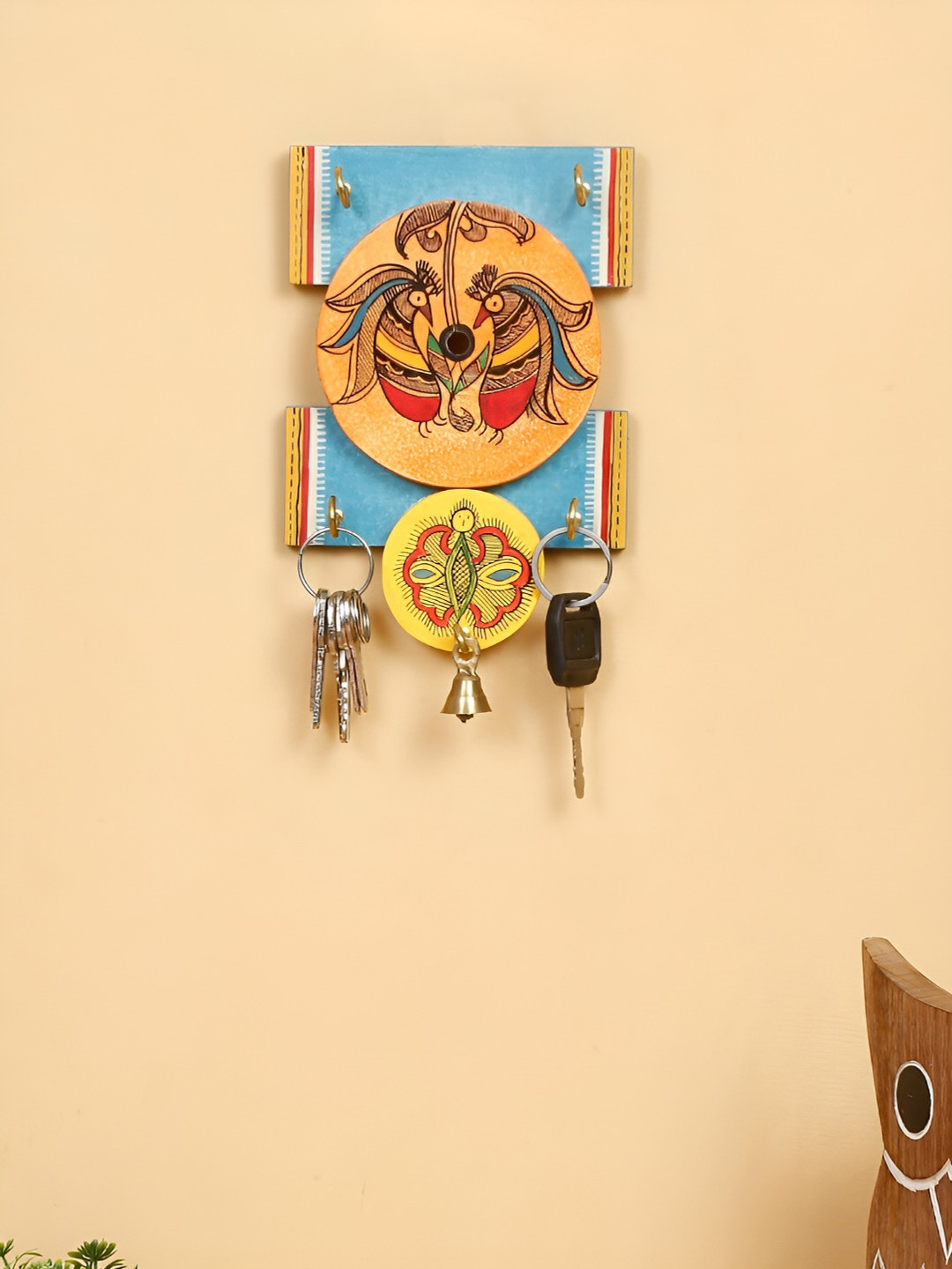 Shilpkara Blue Madhubani Bird Wooden Key Holder for Wall