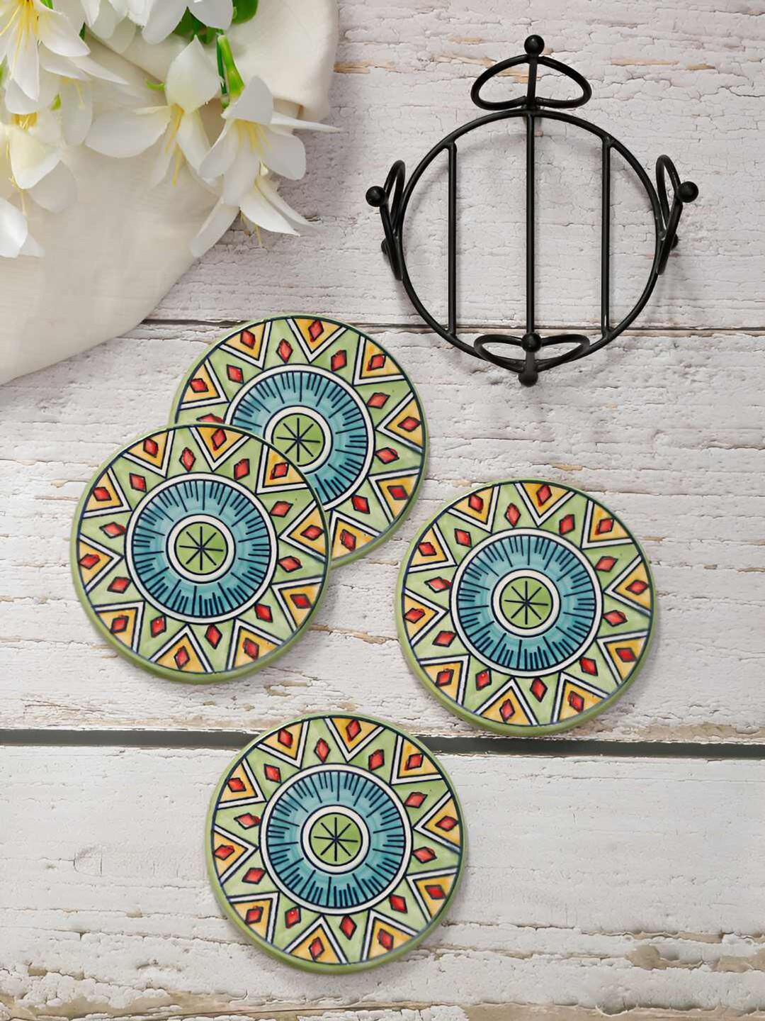 Shilpkara Magnificent Mandala 4 Pieces Blue & Green Hand Painted circular Coasters