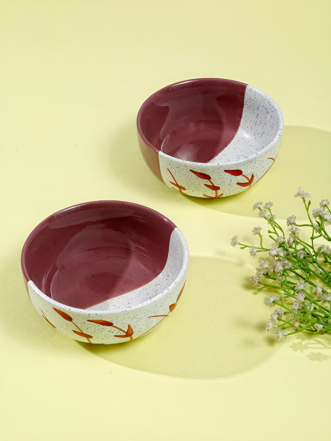 Shilpkara White & Maroon 2 Pieces Handcrafted and Hand Painted Ceramic Bowls