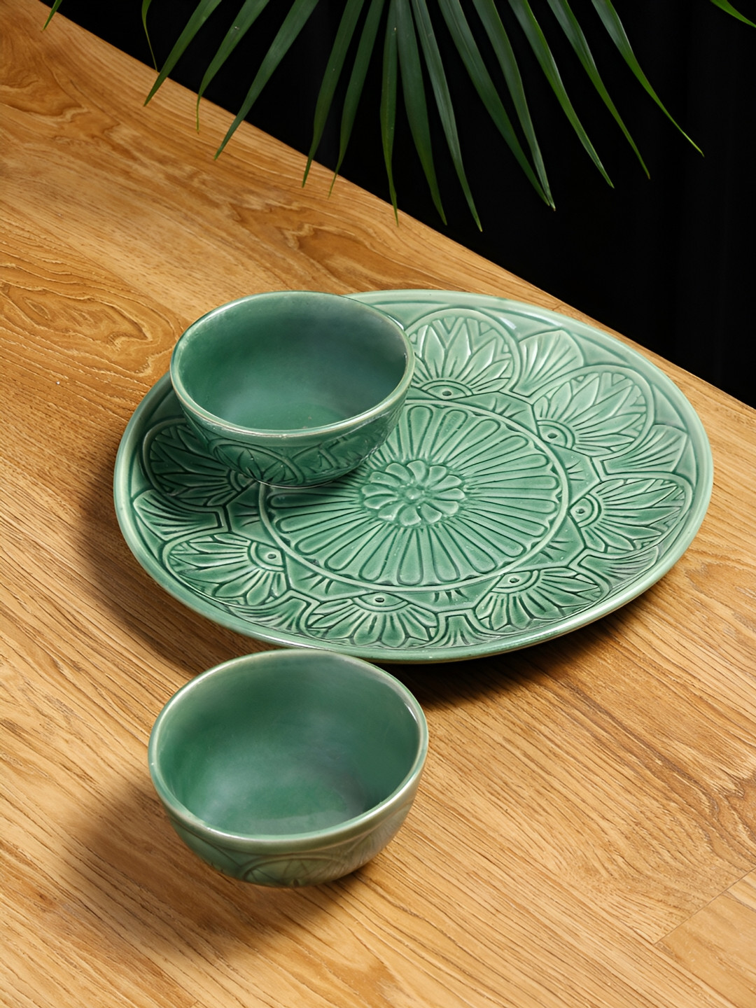 Shilpkara Green 3 Pieces Handcrafted and Hand Painted Ceramic Dinner Set