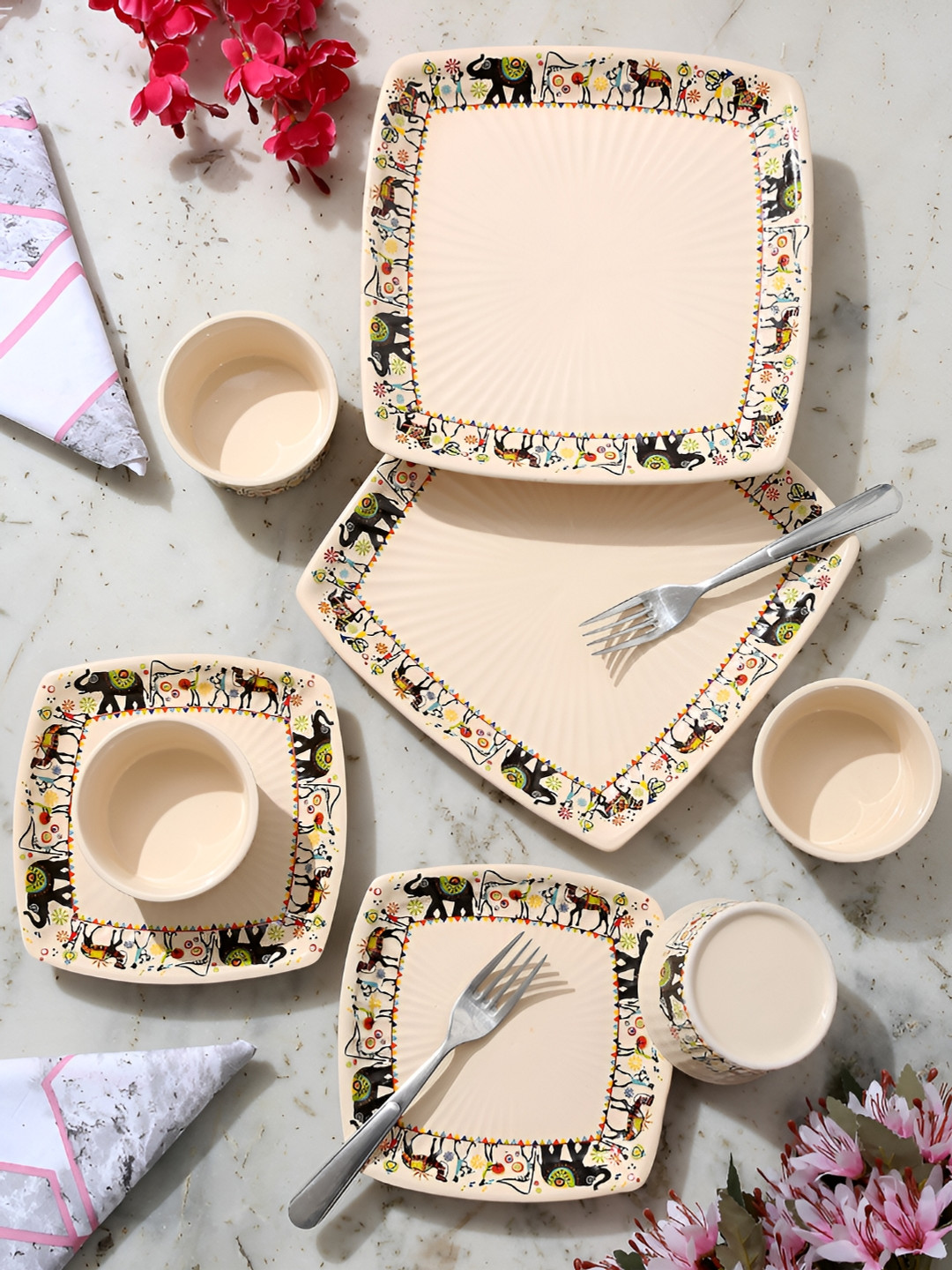 Shilpkara Traces of the Ancient Beige & Black 8 Pcs Ceramic Dinner Set