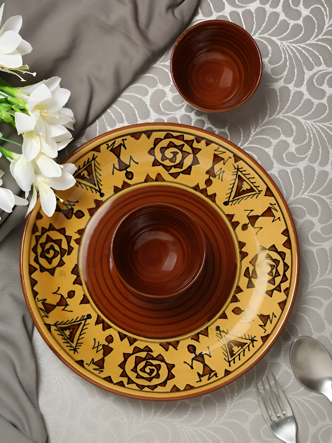 Shilpkara The Madhubani Tales Brown & Beige 3 Pieces Hand Painted Ceramic Dinner Set