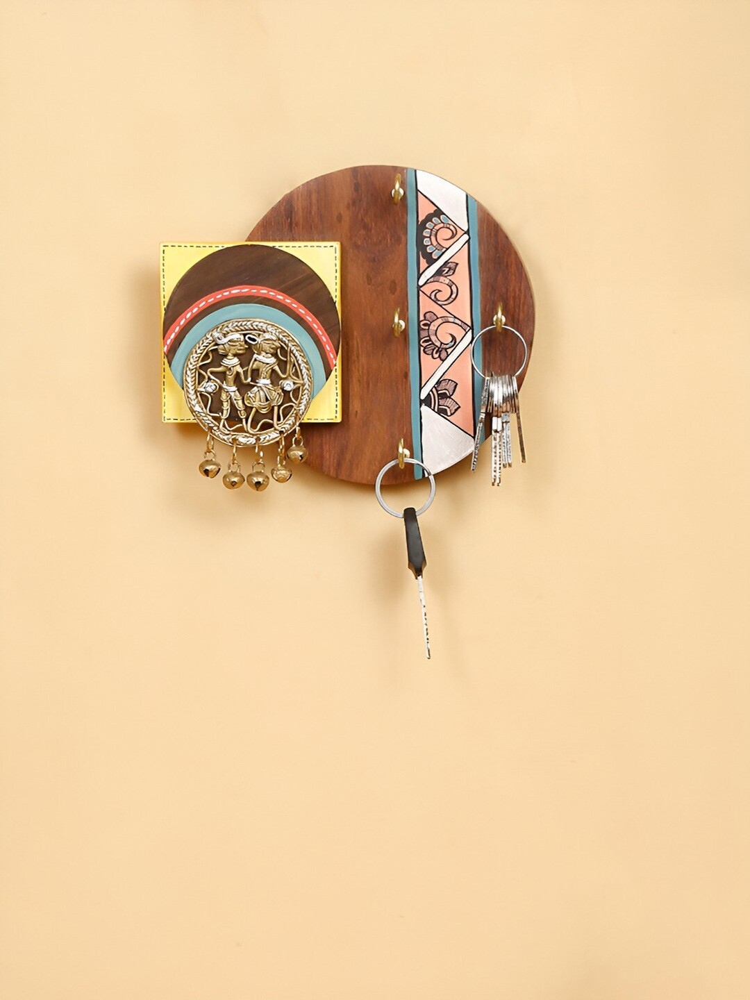 Shilpkara Brown Tribal Dhokra Folks Madhubani Handpainted Wooden 4 Hooks Key Holder