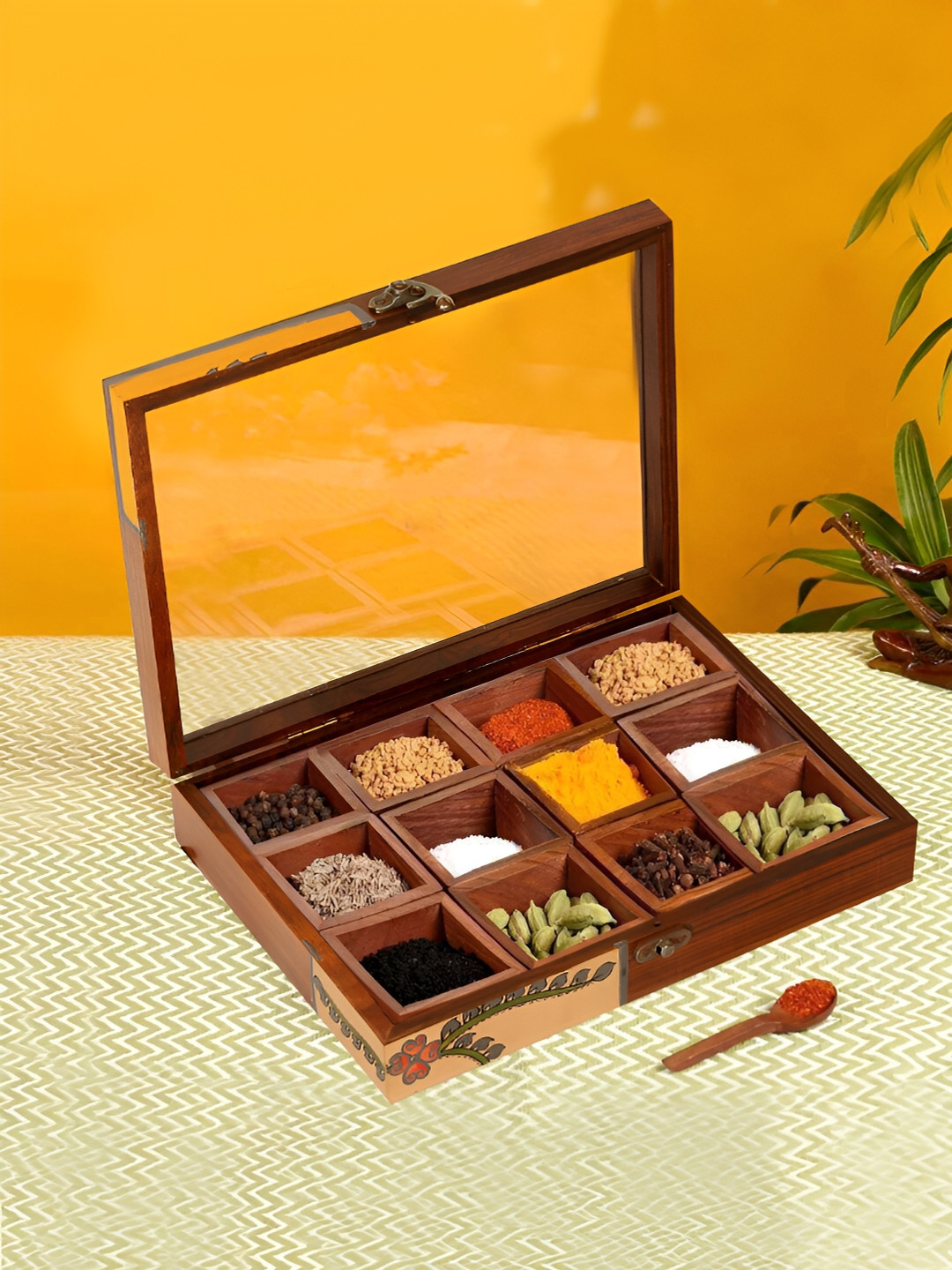 SHILPKARA Brown Wood Hand-Painted Spice Box
