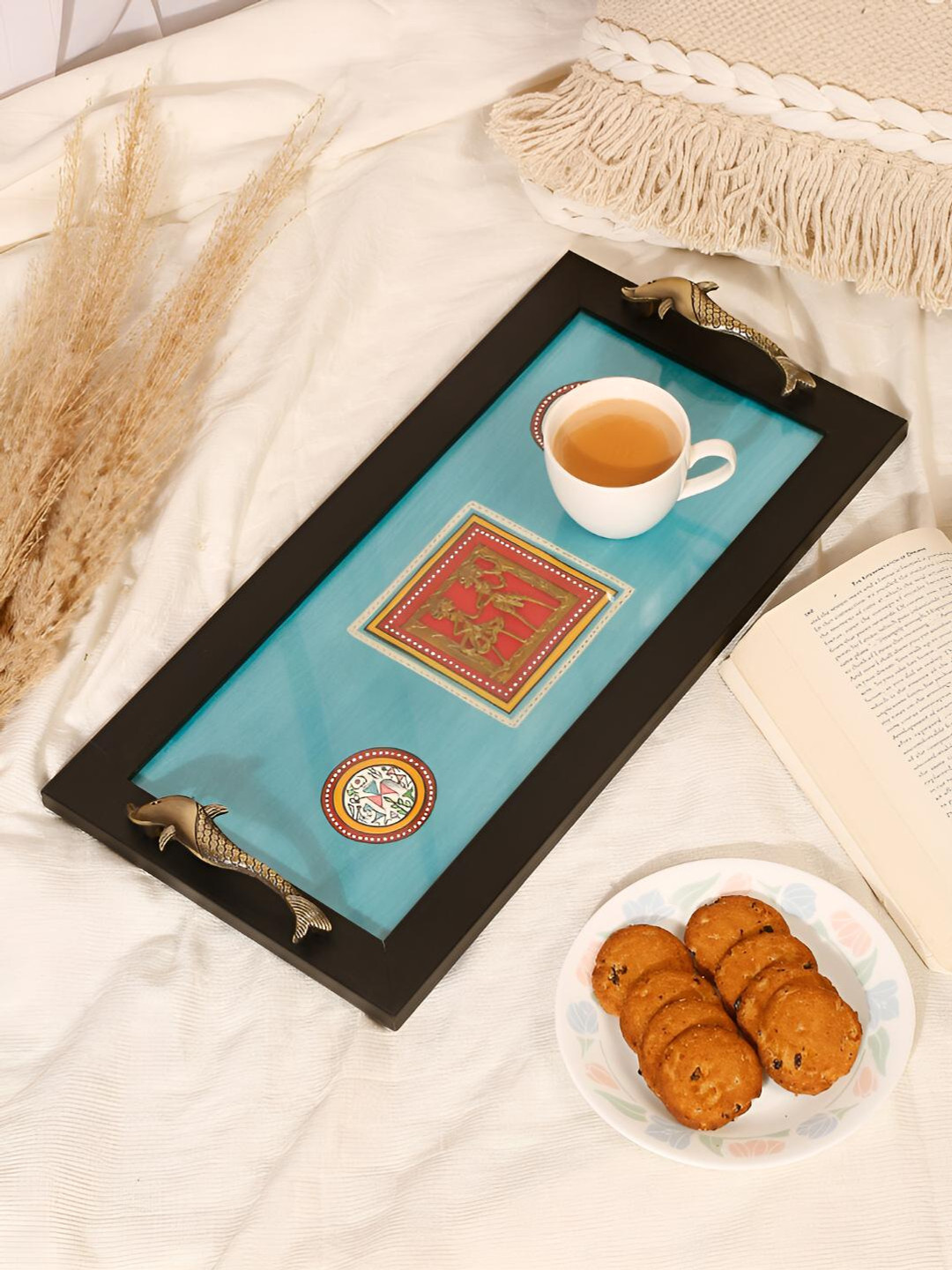 Shilpkara Blue & Black Warli Printed Tray With Fish Handles