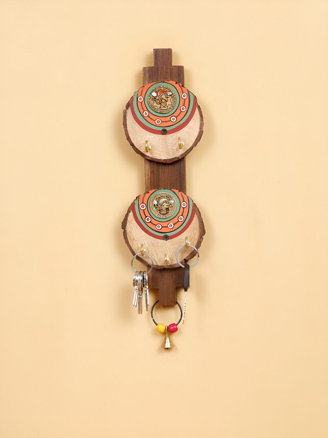 Shilpkara Brown & Orange Dhokra Motifs Handpainted Wooden 6 Hooks Key Holder For Wall